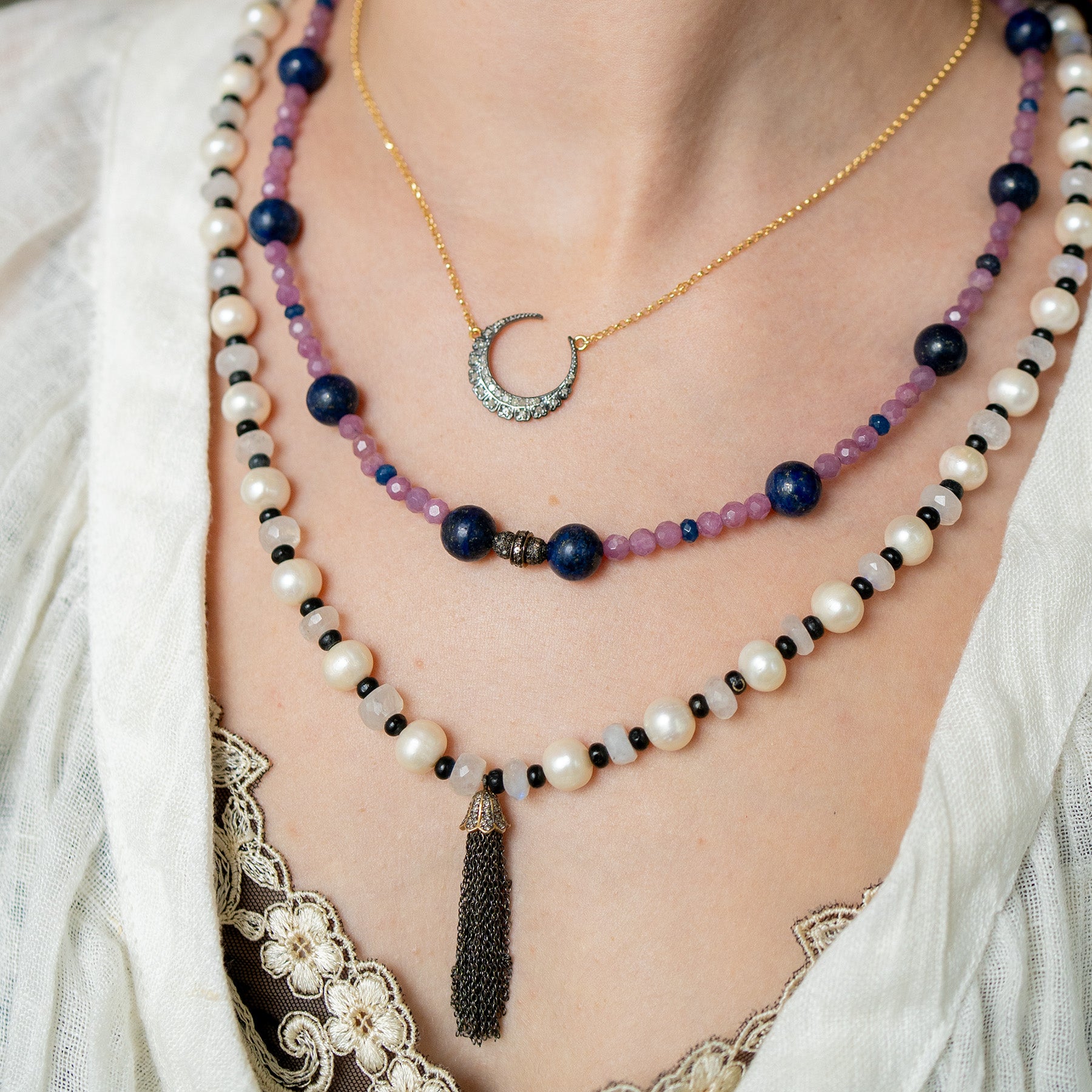 Moonstone, Pearl & Tassel Necklace