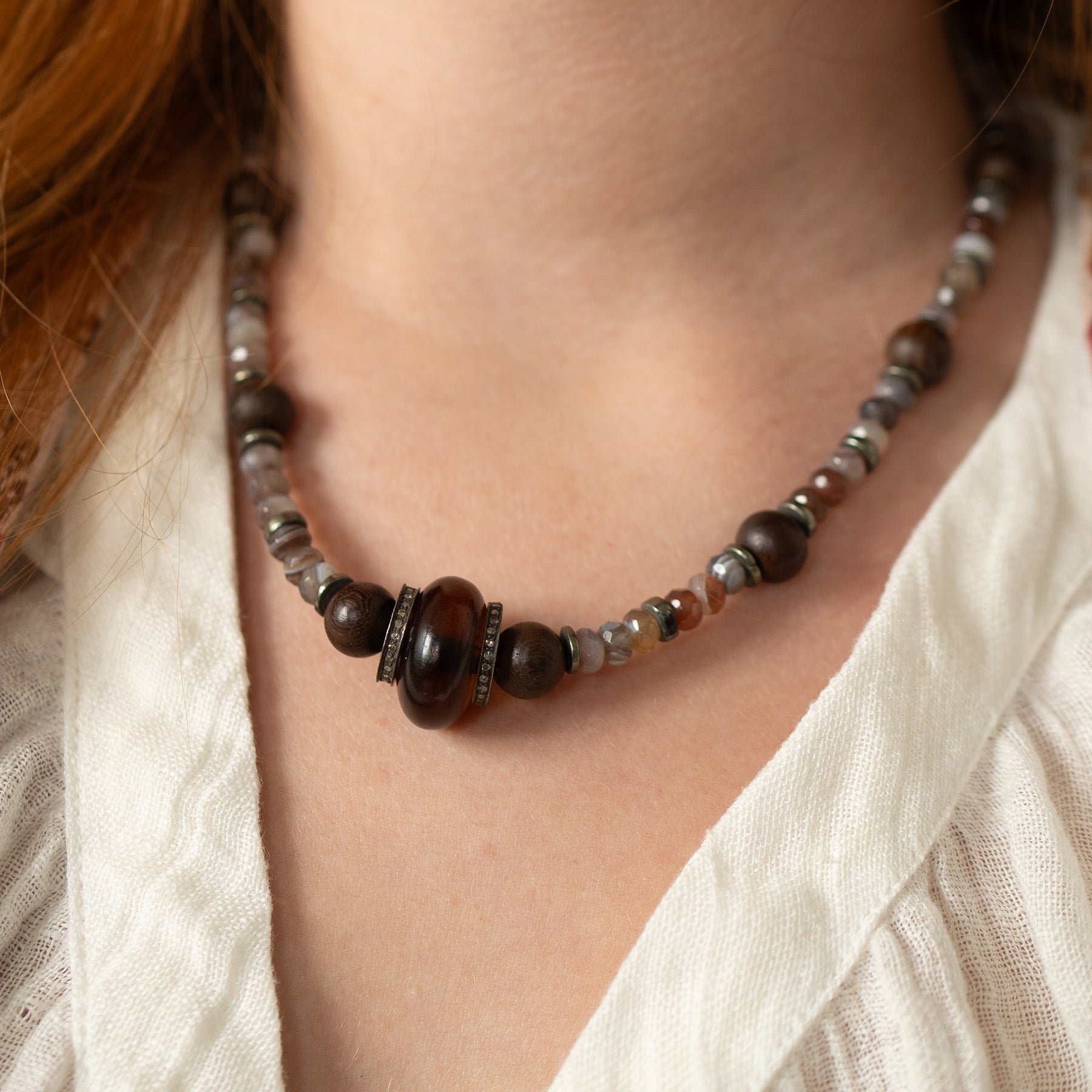 Botswana Agate & Wooden Bead Necklace