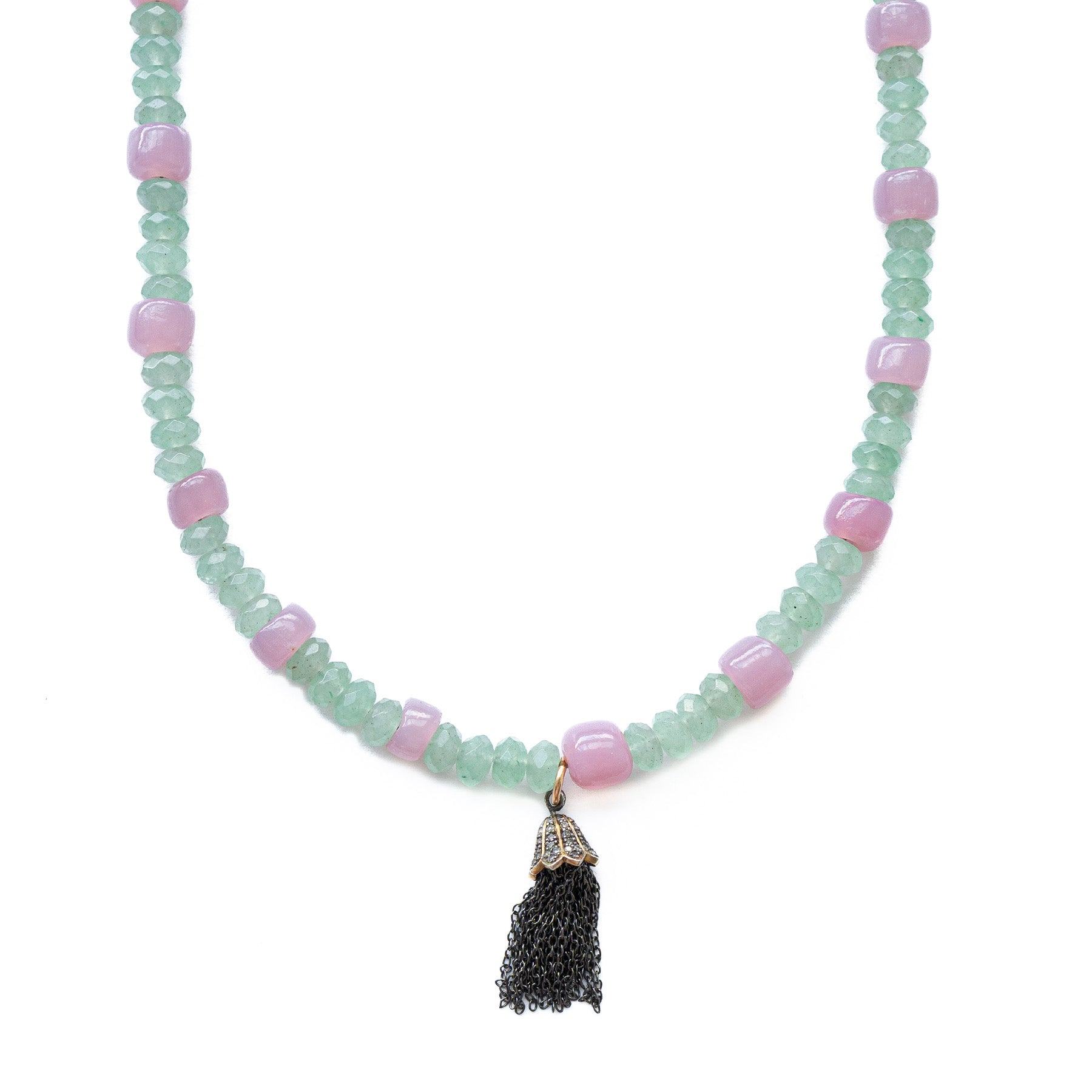 Blush Glass & Green Aventurine Tassel Necklace