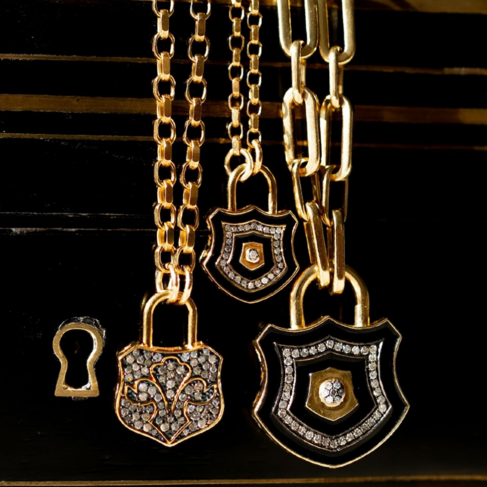 Diamond & Black Enamel Chunky Lock Necklace