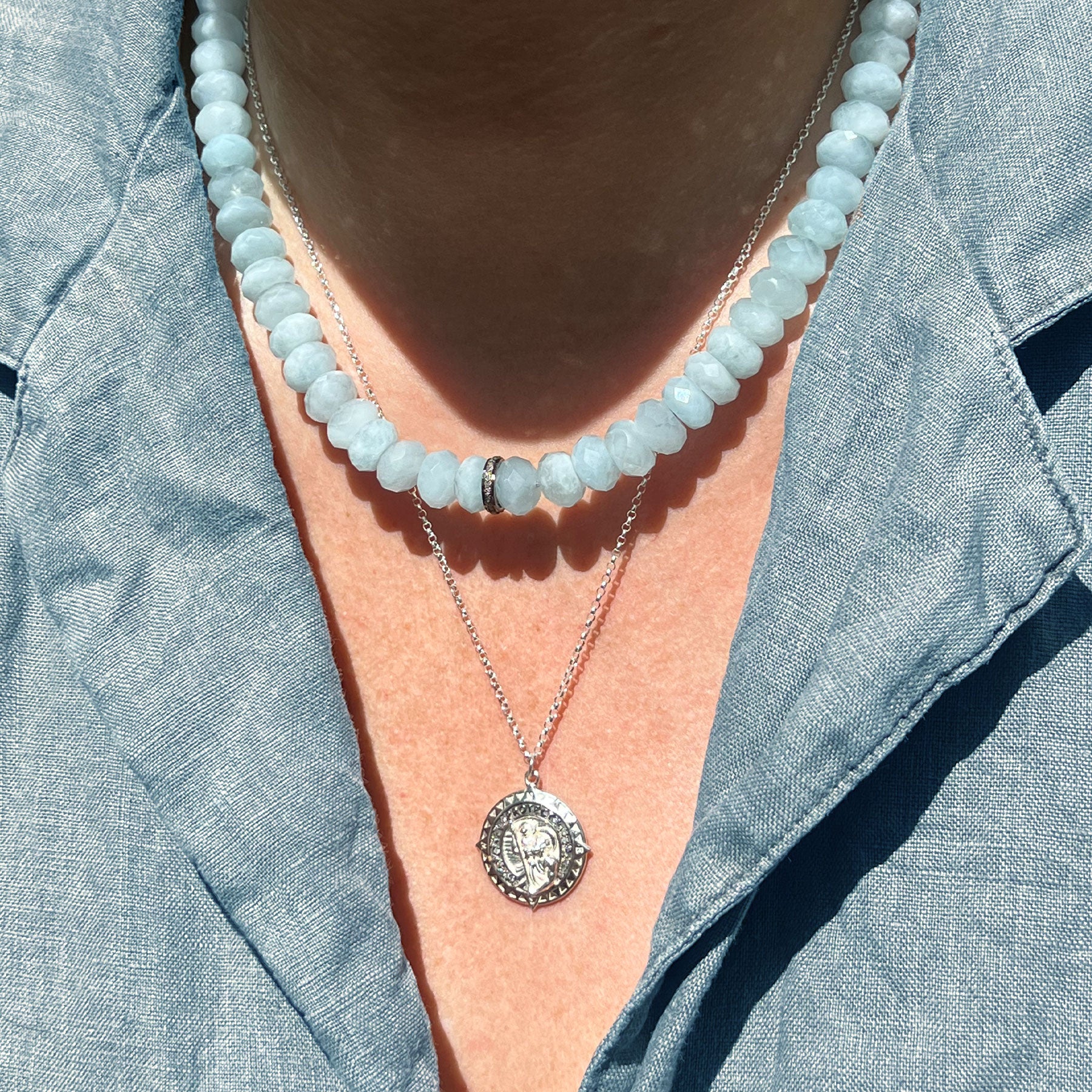 Diamond Rondelle & Aquamarine Bead Necklace