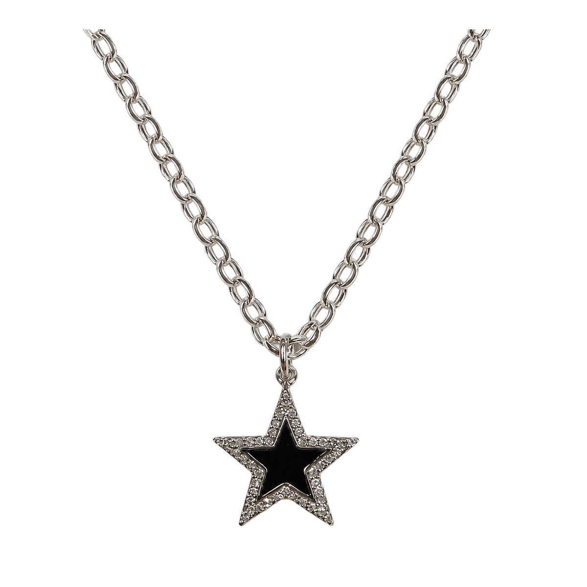 Diamond & Black Enamel Silver Chunky Star Necklace