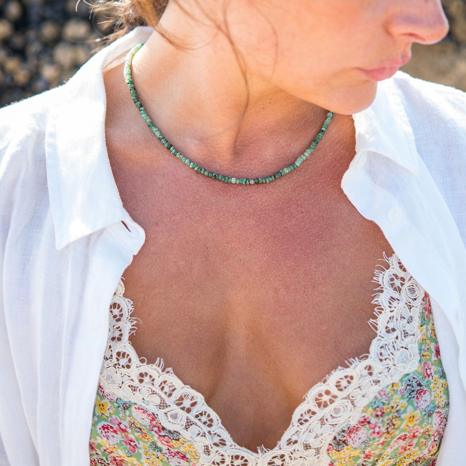 Diamond Ball & Graduated Emerald Bead Necklace