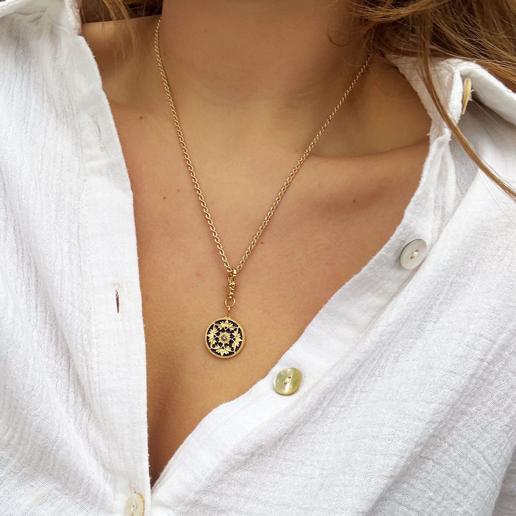 Diamond and Black Enamel Flower Coin Pendant