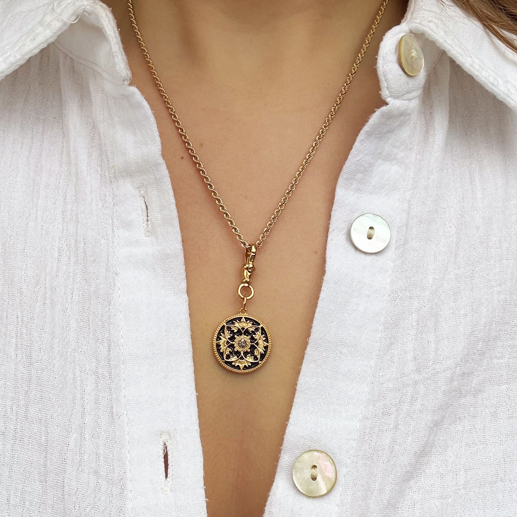 Diamond and Black Enamel Flower Coin Pendant