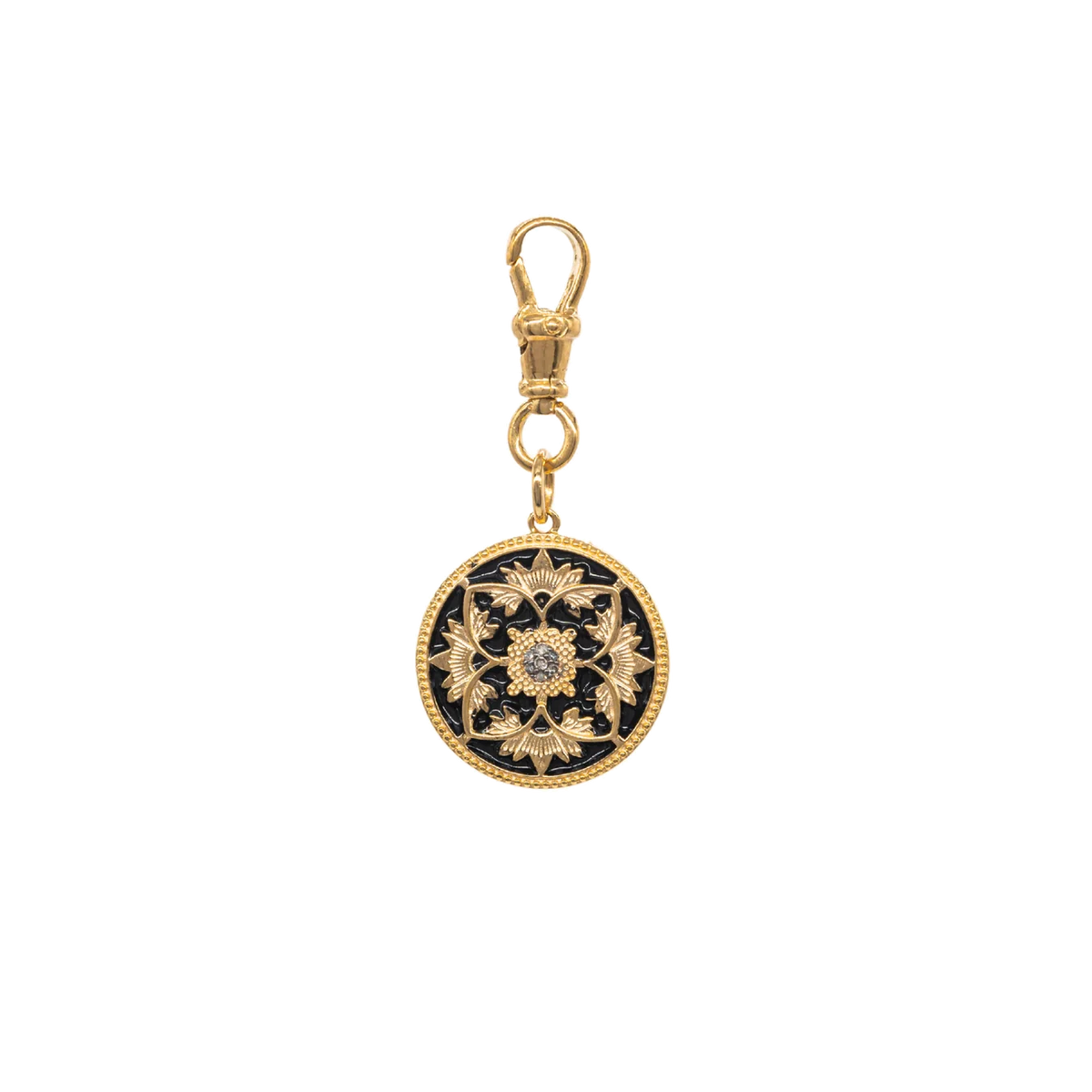 Diamond and Black Enamel Flower Coin Pendant