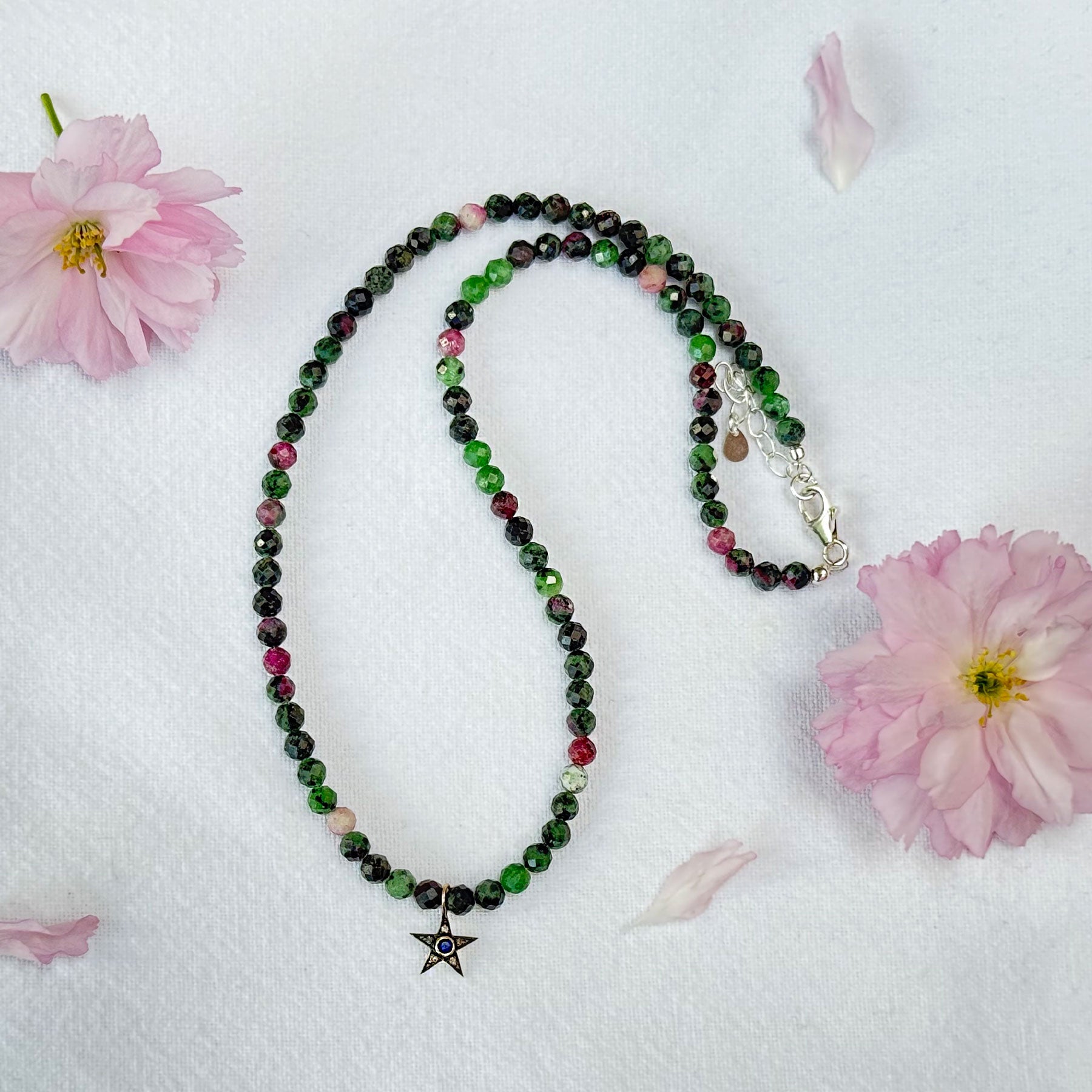 Zoisite, Ruby & Diamond Star Beaded Necklace