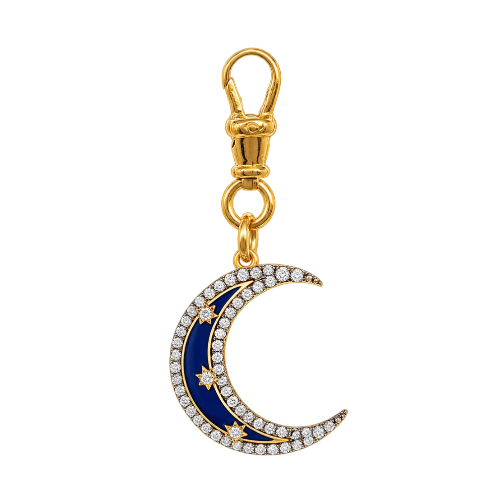 Diamond & Blue Enamel Crescent Moon Pendant