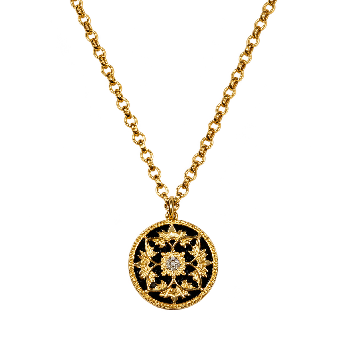Diamond & Black Enamel Flower Coin Necklace