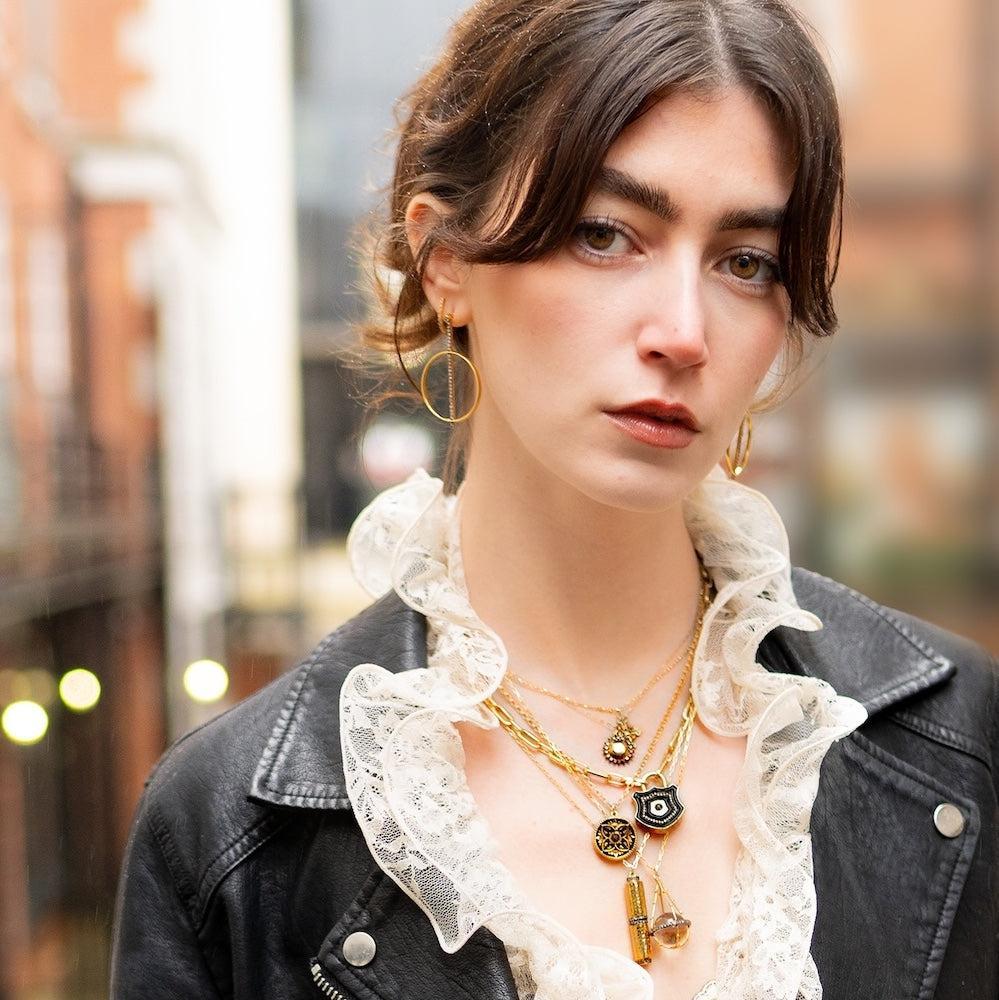 Diamond & Black Enamel Flower Coin Necklace