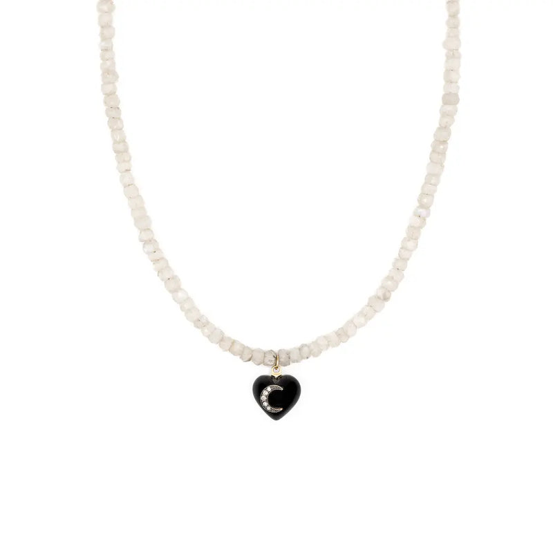 Diamond & Onyx Mini Heart Moonstone Necklace