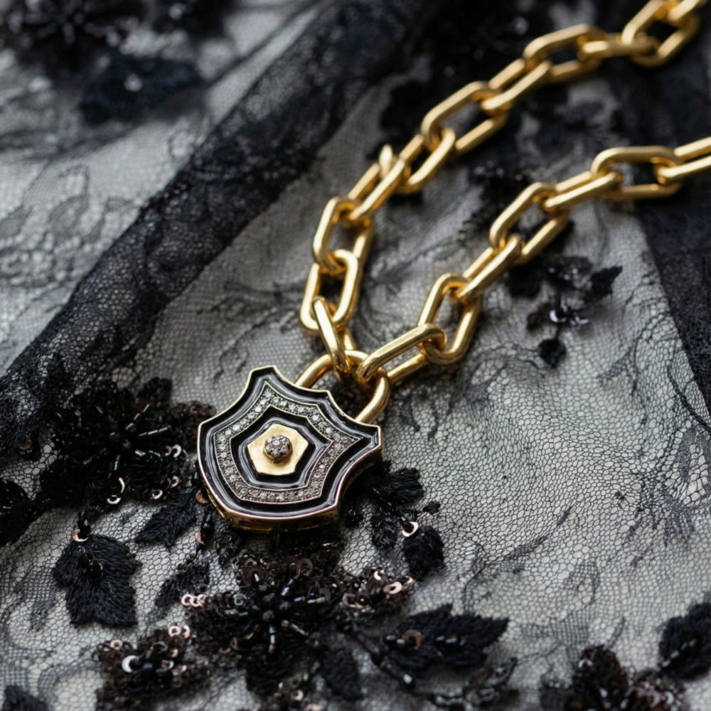 Diamond & Black Enamel Chunky Lock Necklace