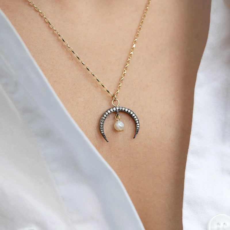 Diamond Horn & Pearl Drop Necklace