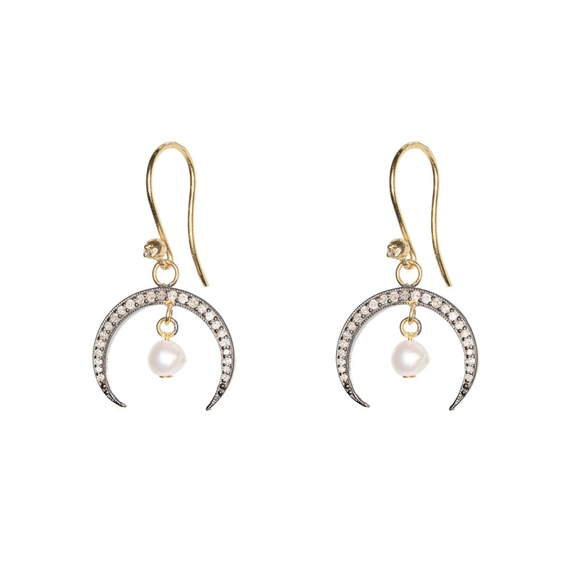 Diamond Horn & Pearl Drop Earrings