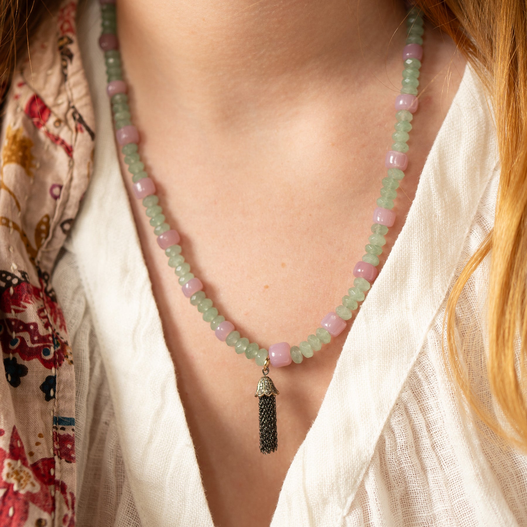 Blush Glass & Green Aventurine Tassel Necklace