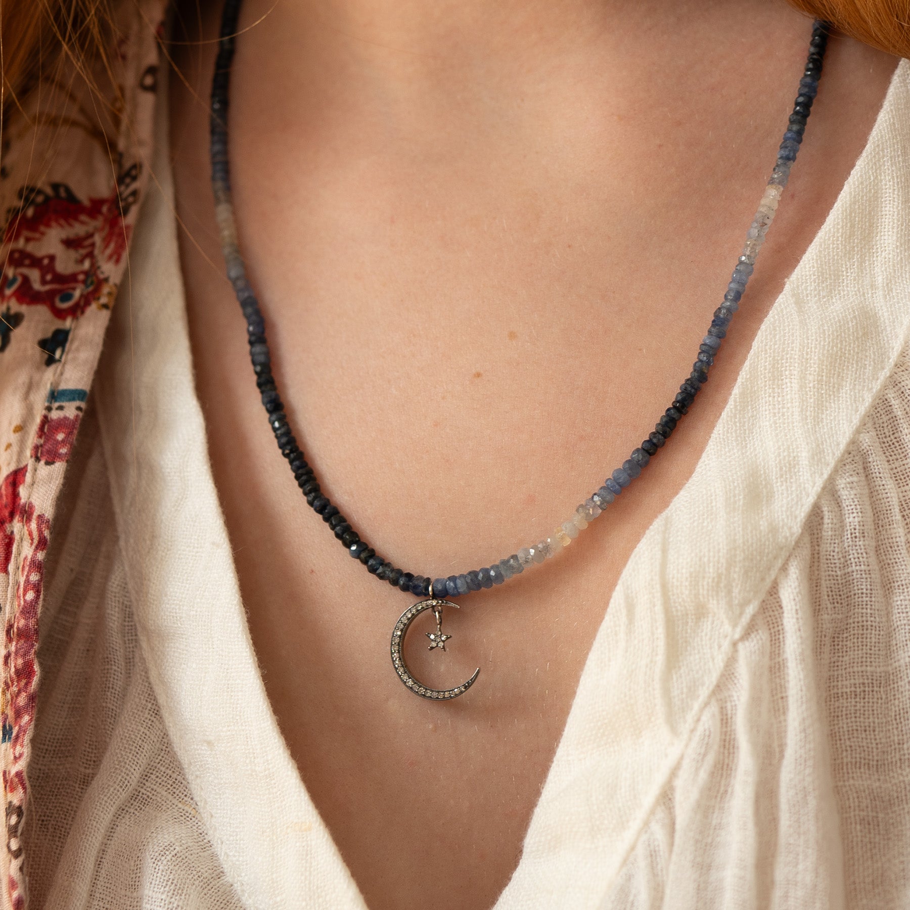 Graduated Sapphire Moon & Star Necklace