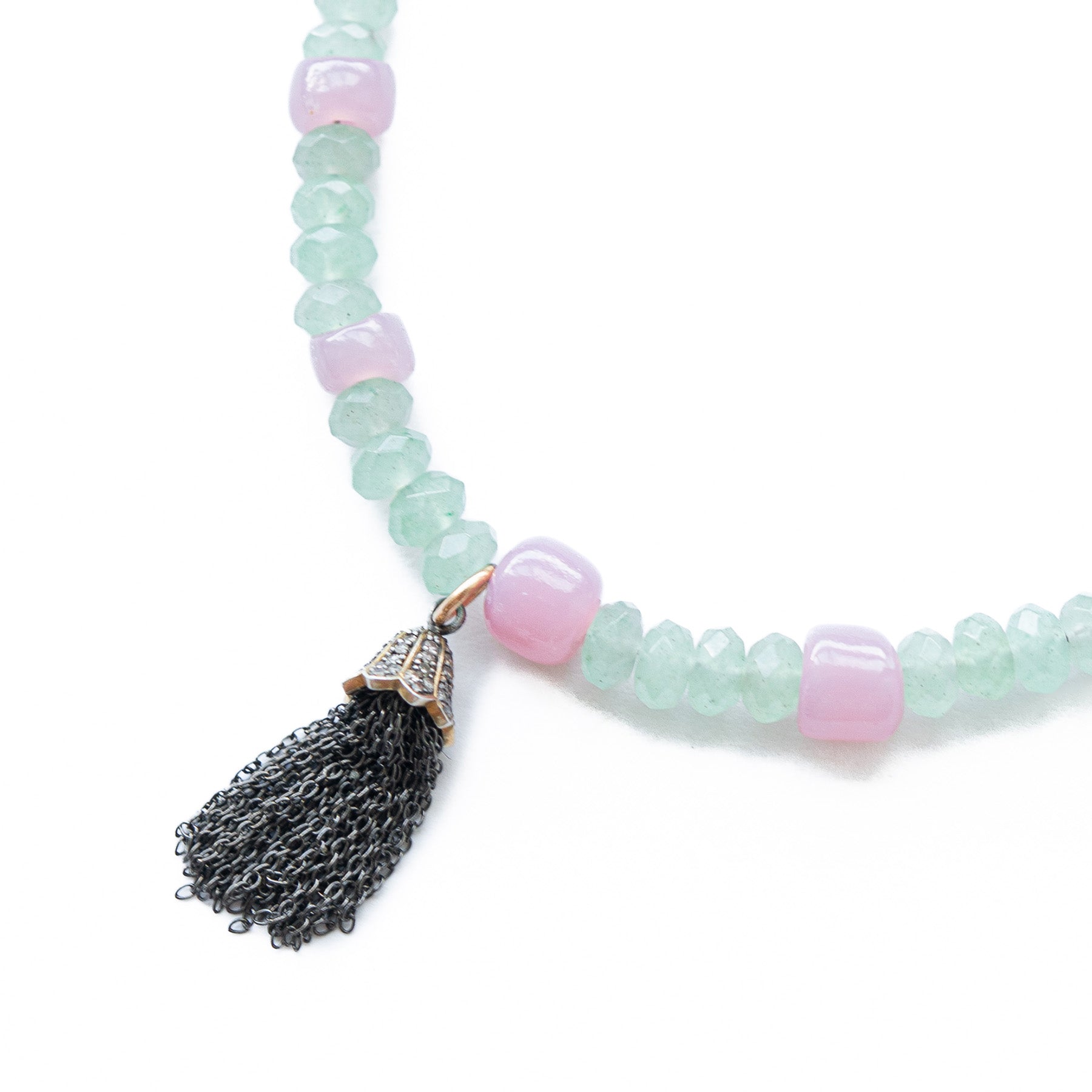 Blush Glass & Green Aventurine Tassel Necklace