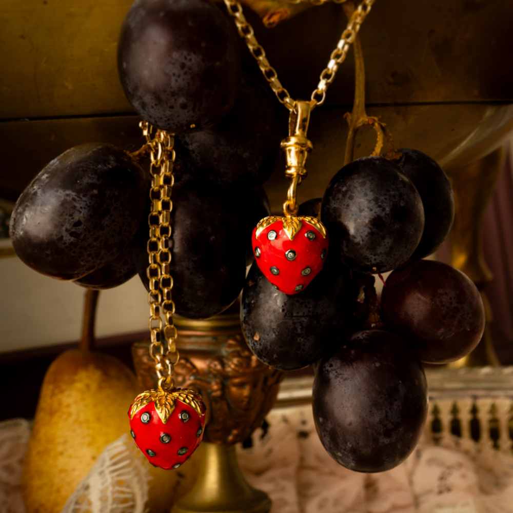 Diamond & Red Enamel Strawberry Necklace