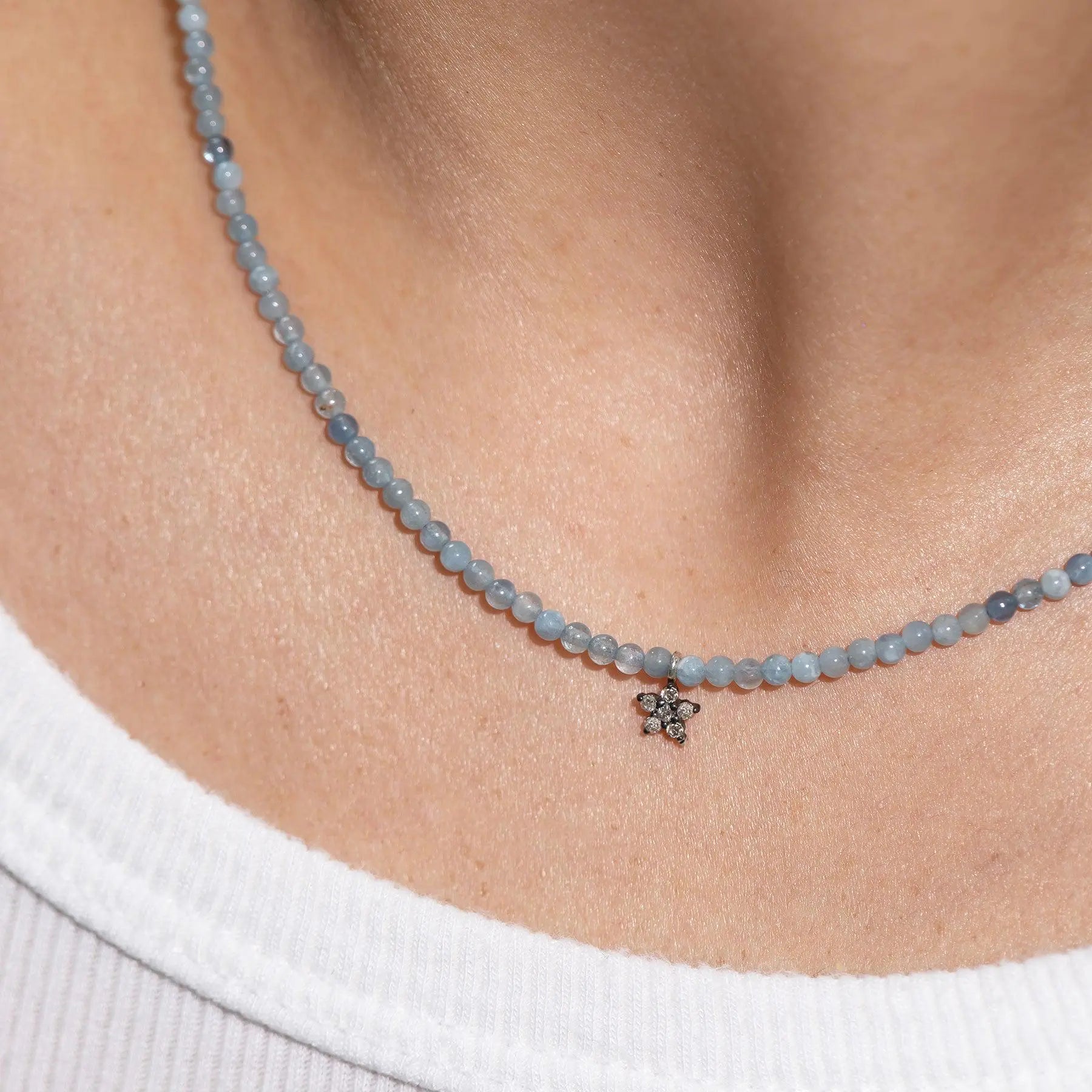 Diamond Daisy & Aquamarine Bead Necklace