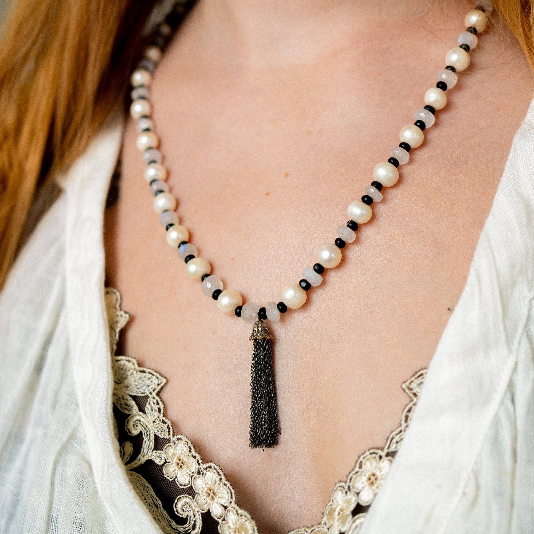 Moonstone, Pearl & Tassel Necklace