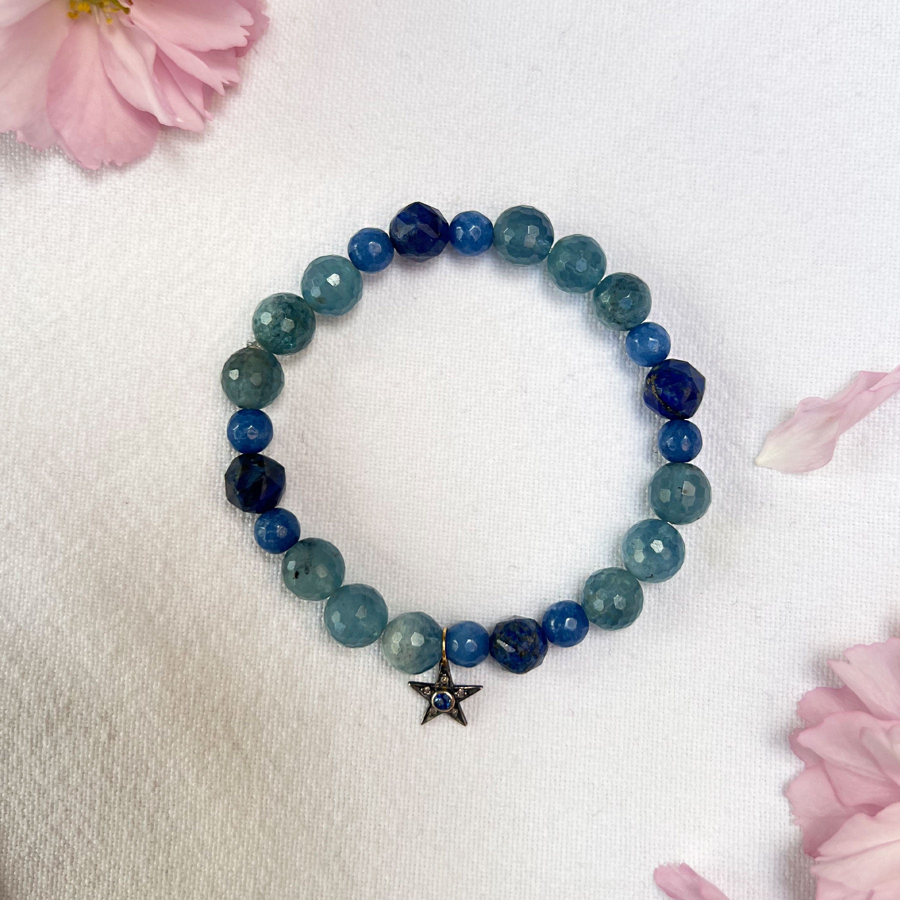 Blue Quartz, Lapis Lazuli & Blue Jade Star Beaded Bracelet