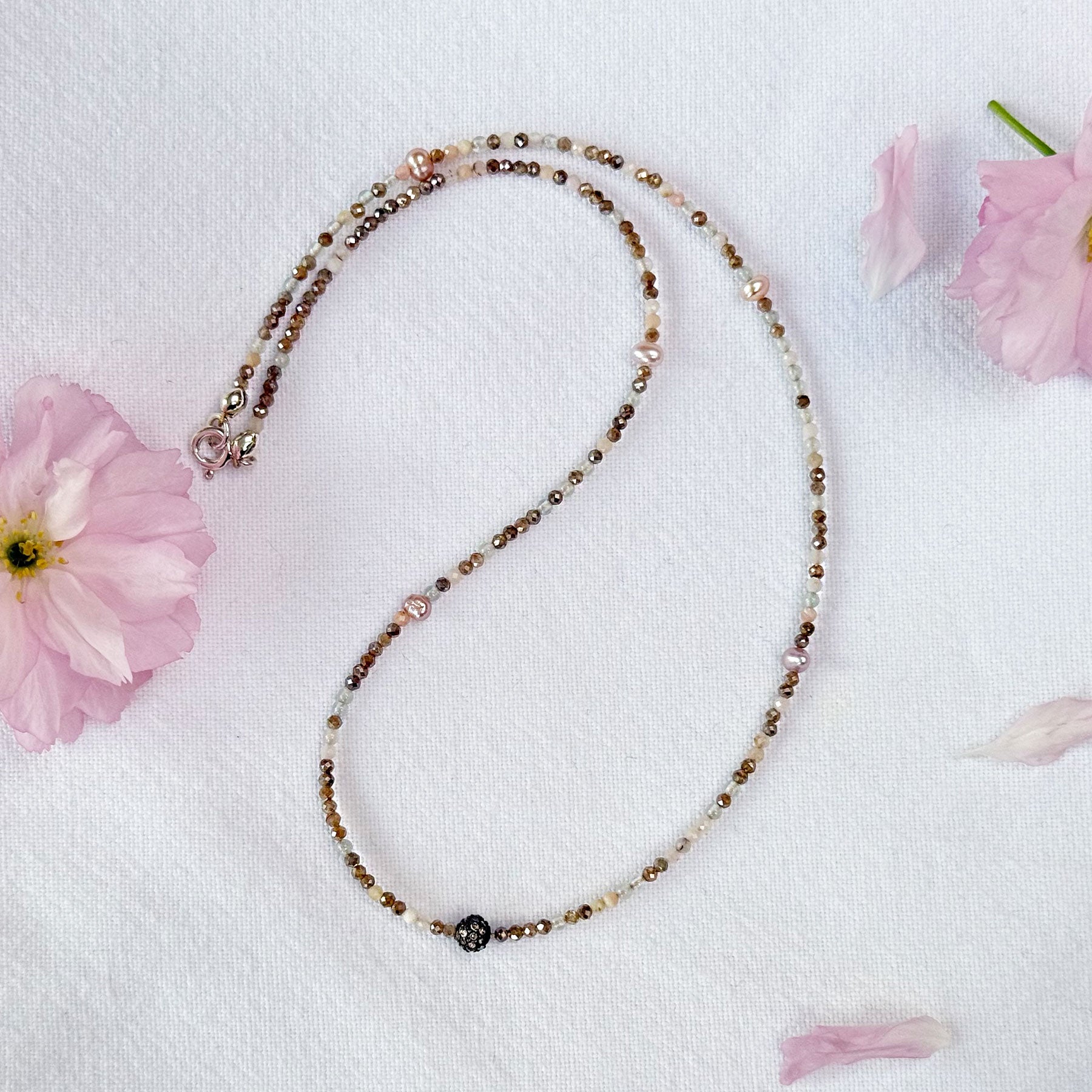Raw Diamond, Pink Pearl & Diamond Ball Beaded Necklace