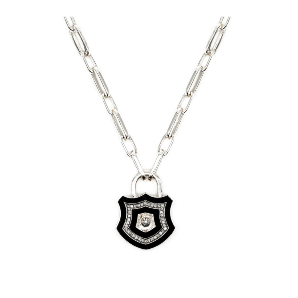 Diamond & Silver Black Enamel Chunky Lock Necklace