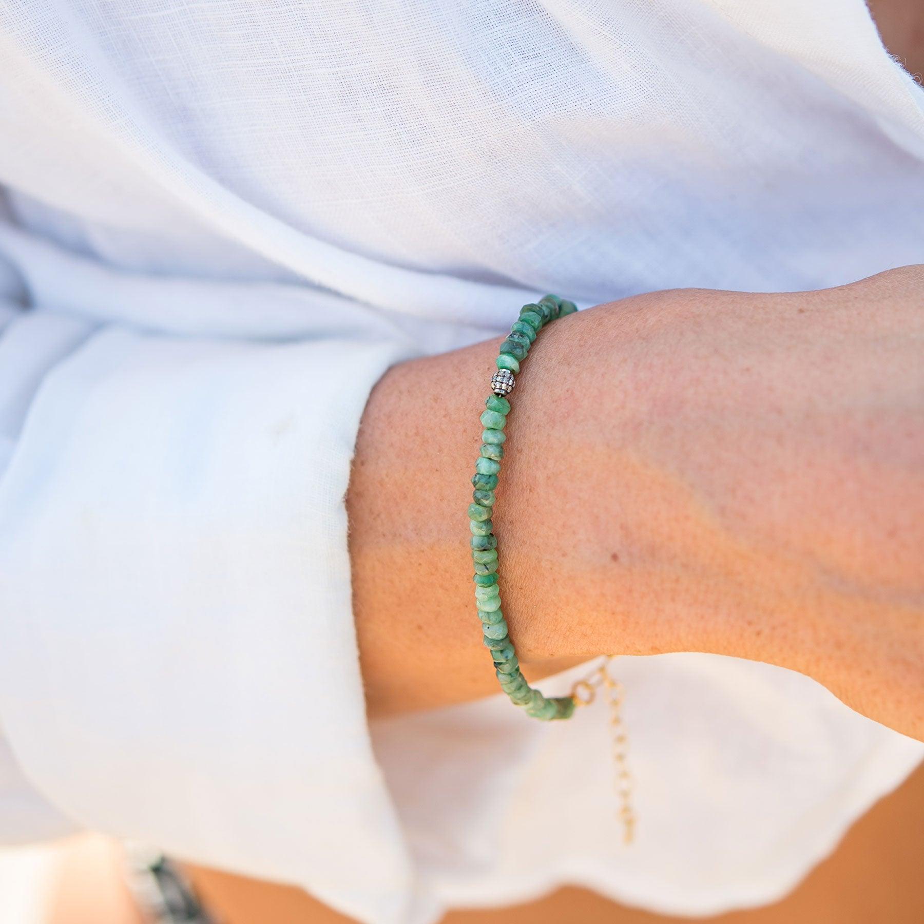 Diamond Ball & Graduated Emerald Bead Bracelet