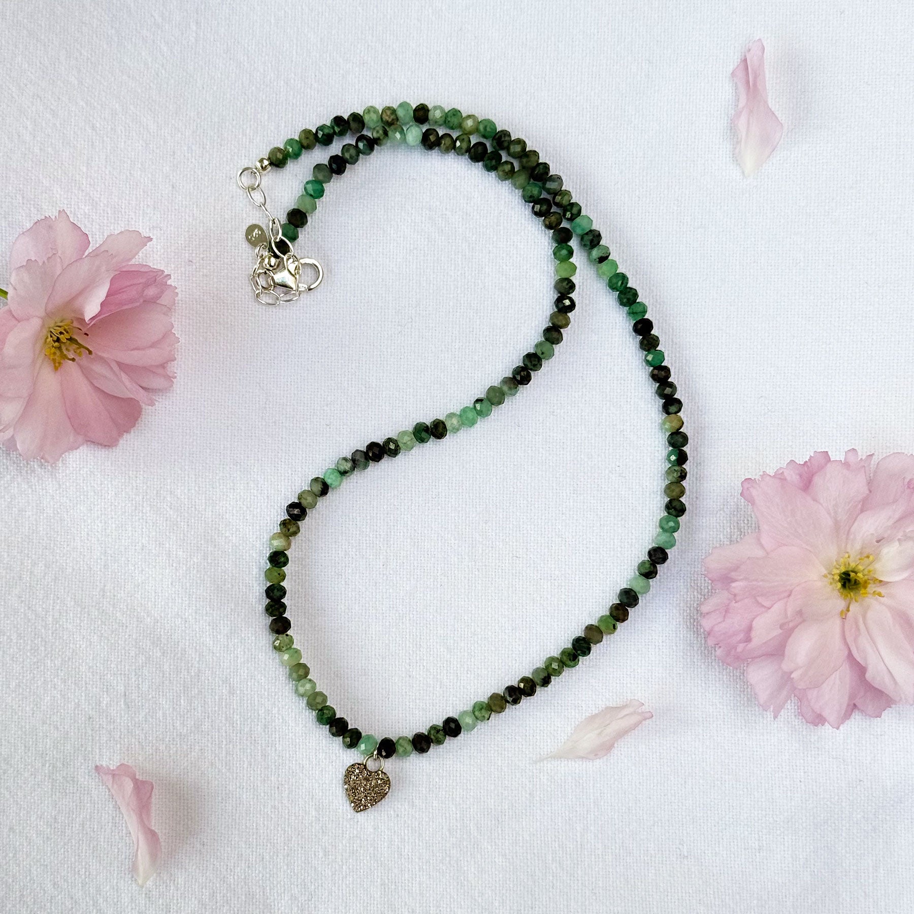 Emerald Beaded & Diamond Heart Beaded Necklace