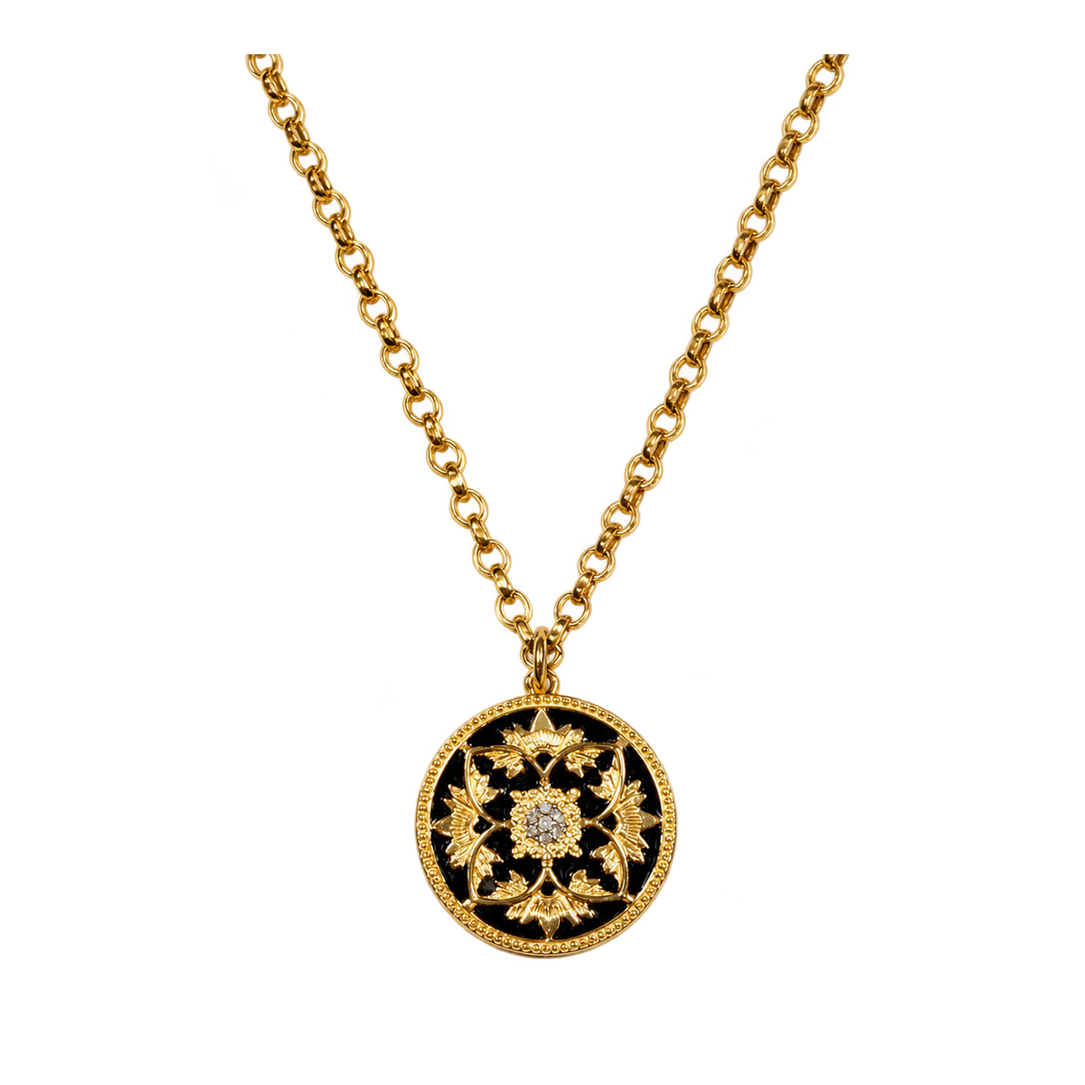 Diamond & Black Enamel Flower Coin Necklace