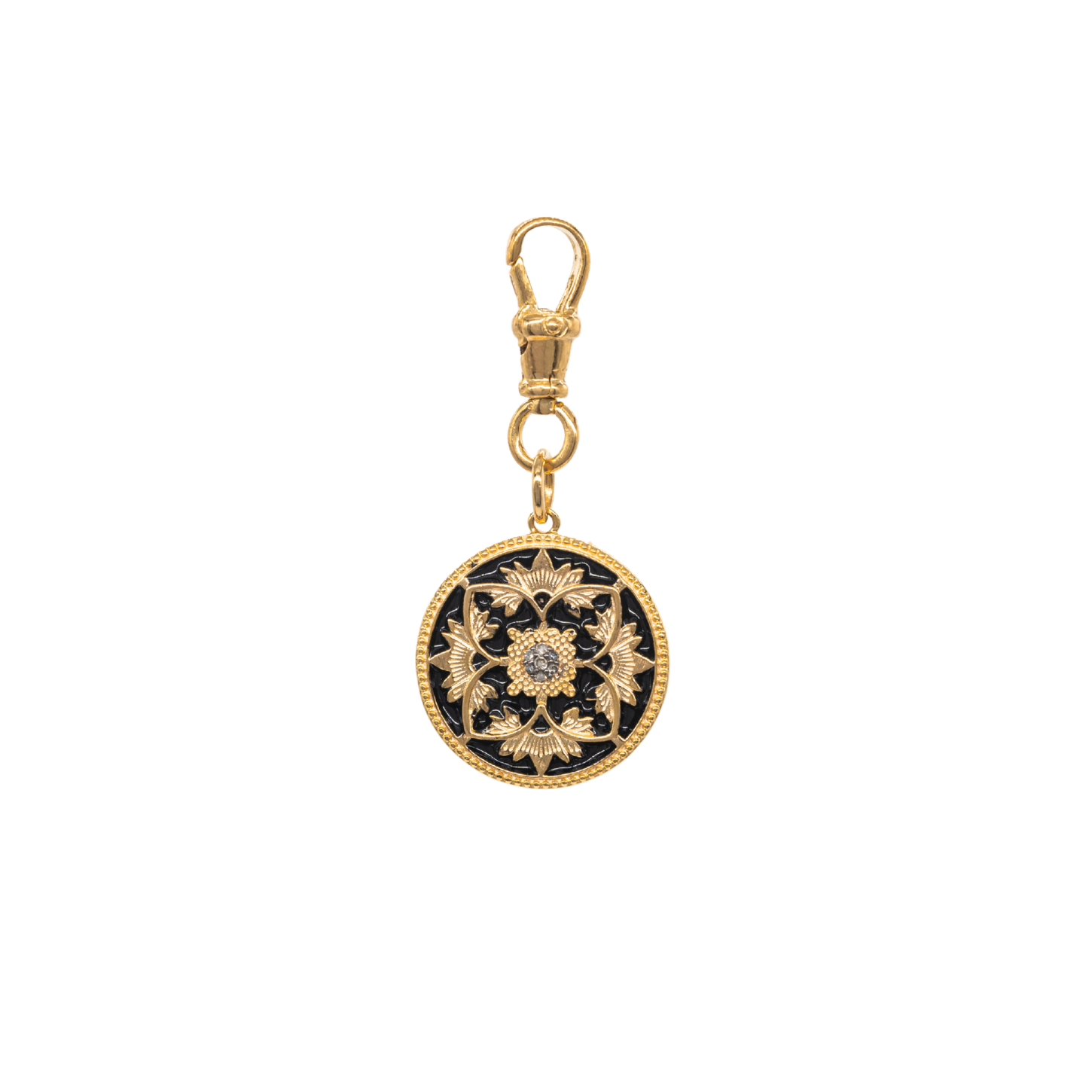 Diamond and Black Enamel Flower Coin Pendant