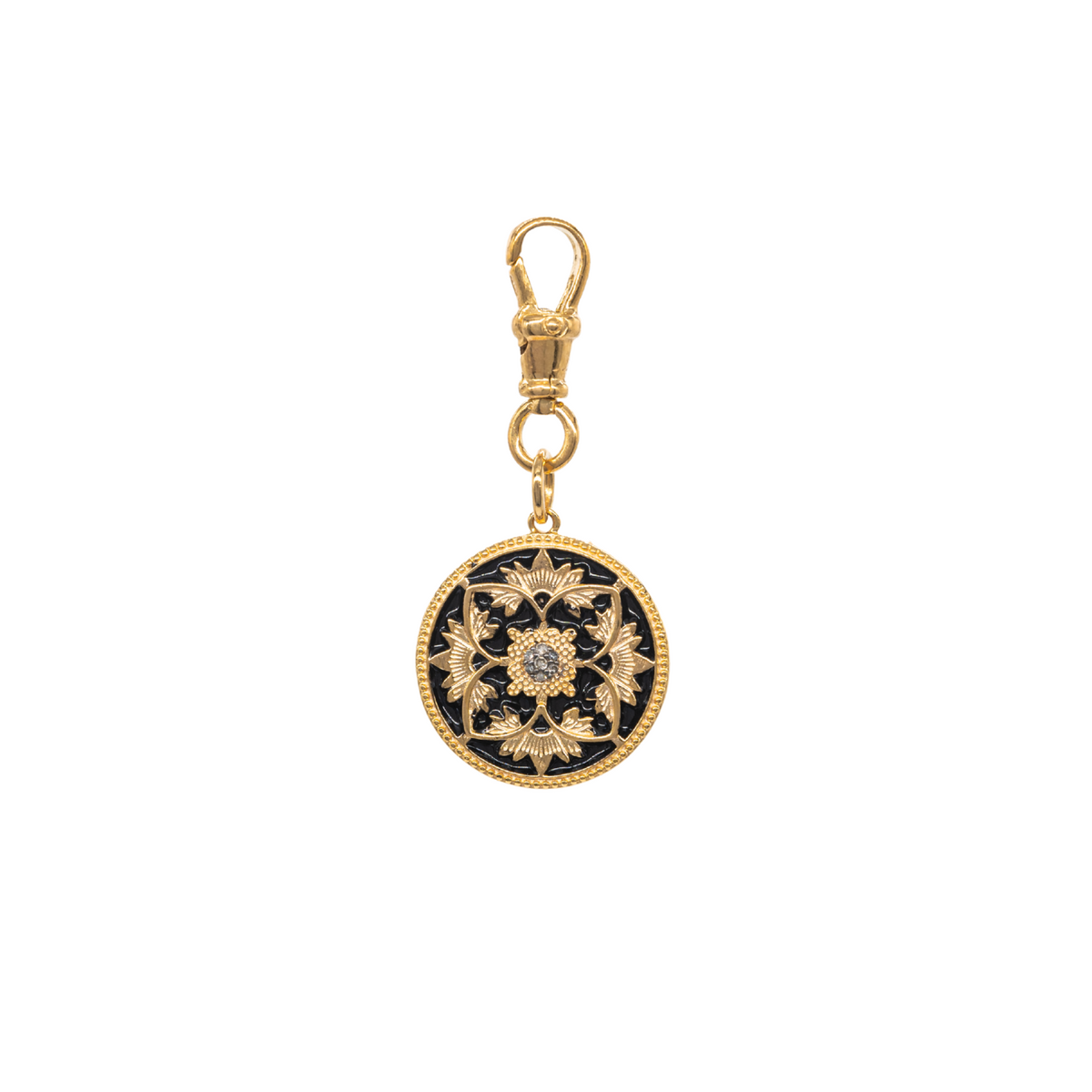 Diamond and Black Enamel Flower Coin Pendant