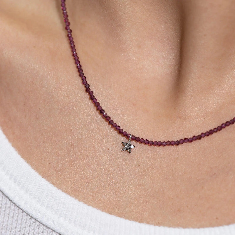 Diamond Daisy & Garnet Bead Necklace