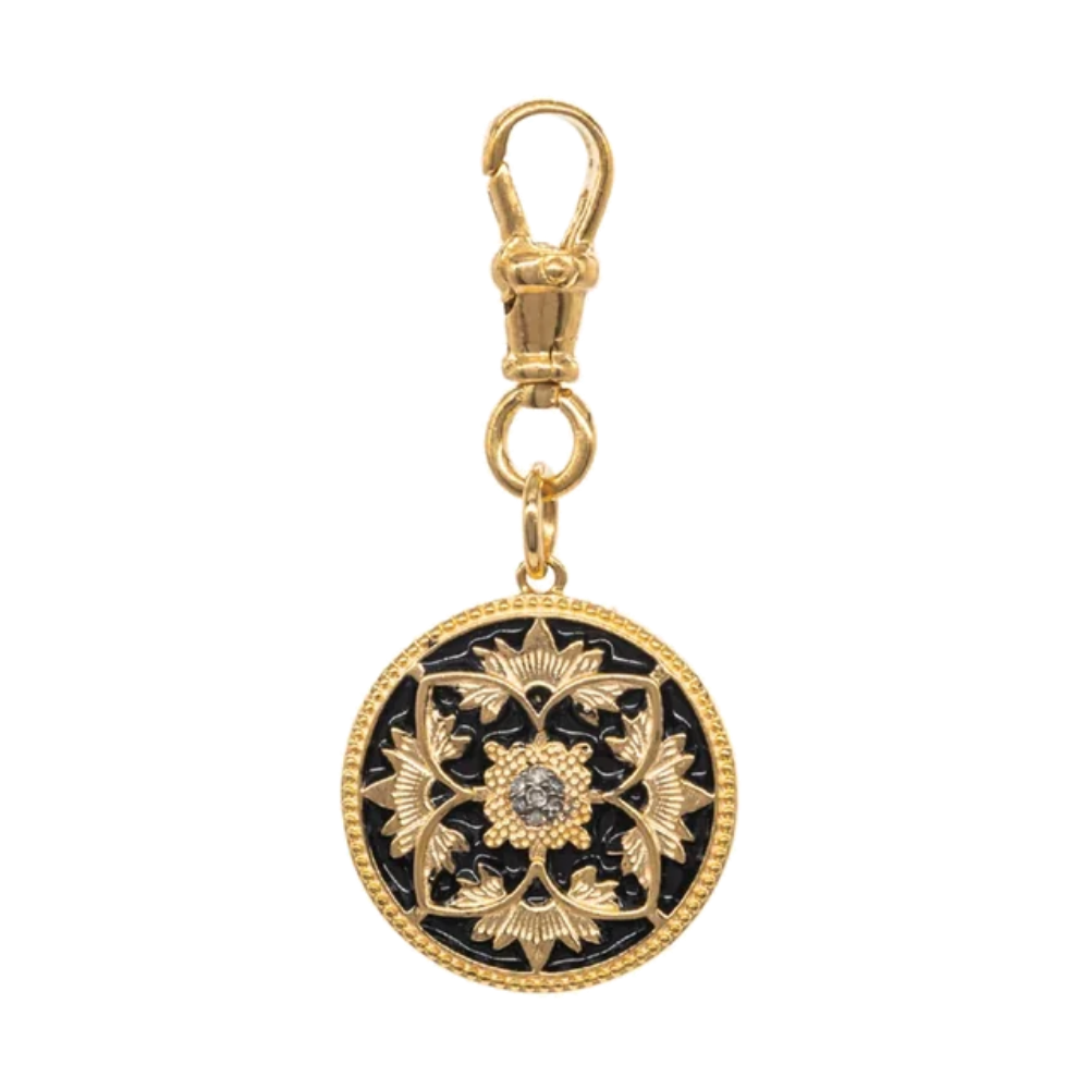 Diamond and Black Enamel Flower Coin Pendant