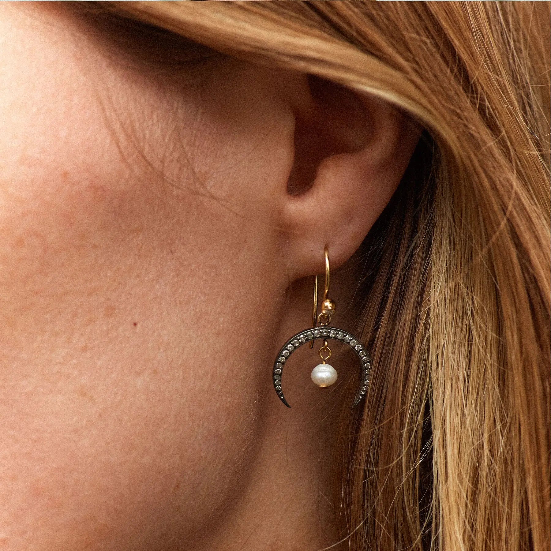 Diamond Horn & Pearl Drop Earrings
