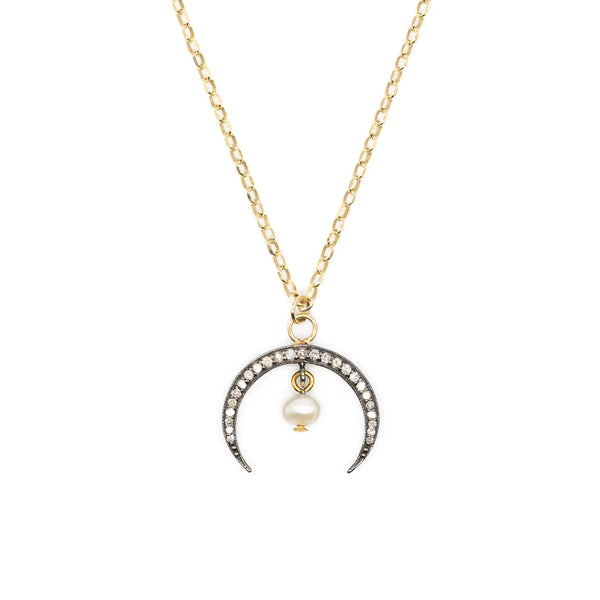 Diamond Horn & Pearl Drop Necklace