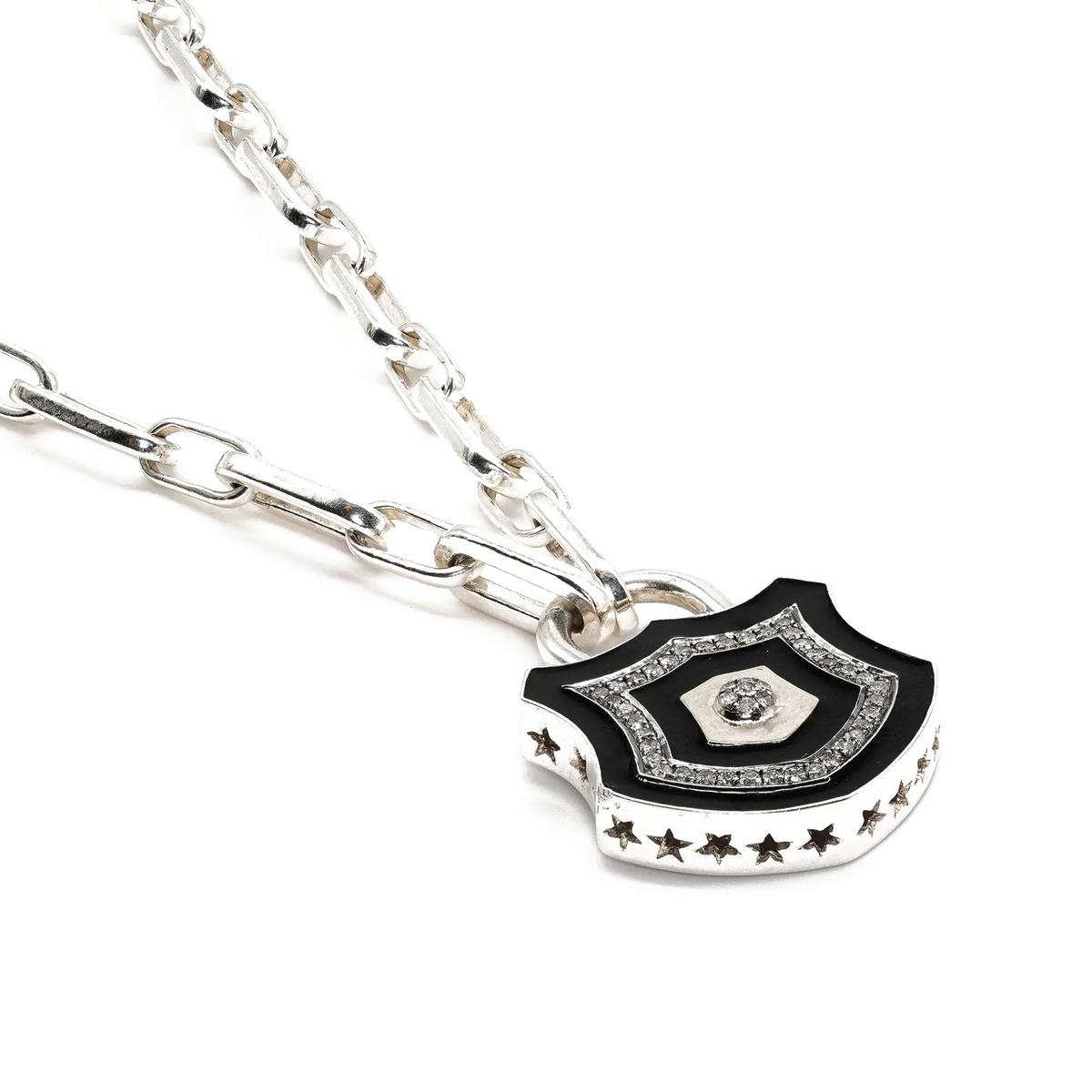 Diamond & Silver Black Enamel Chunky Lock Necklace