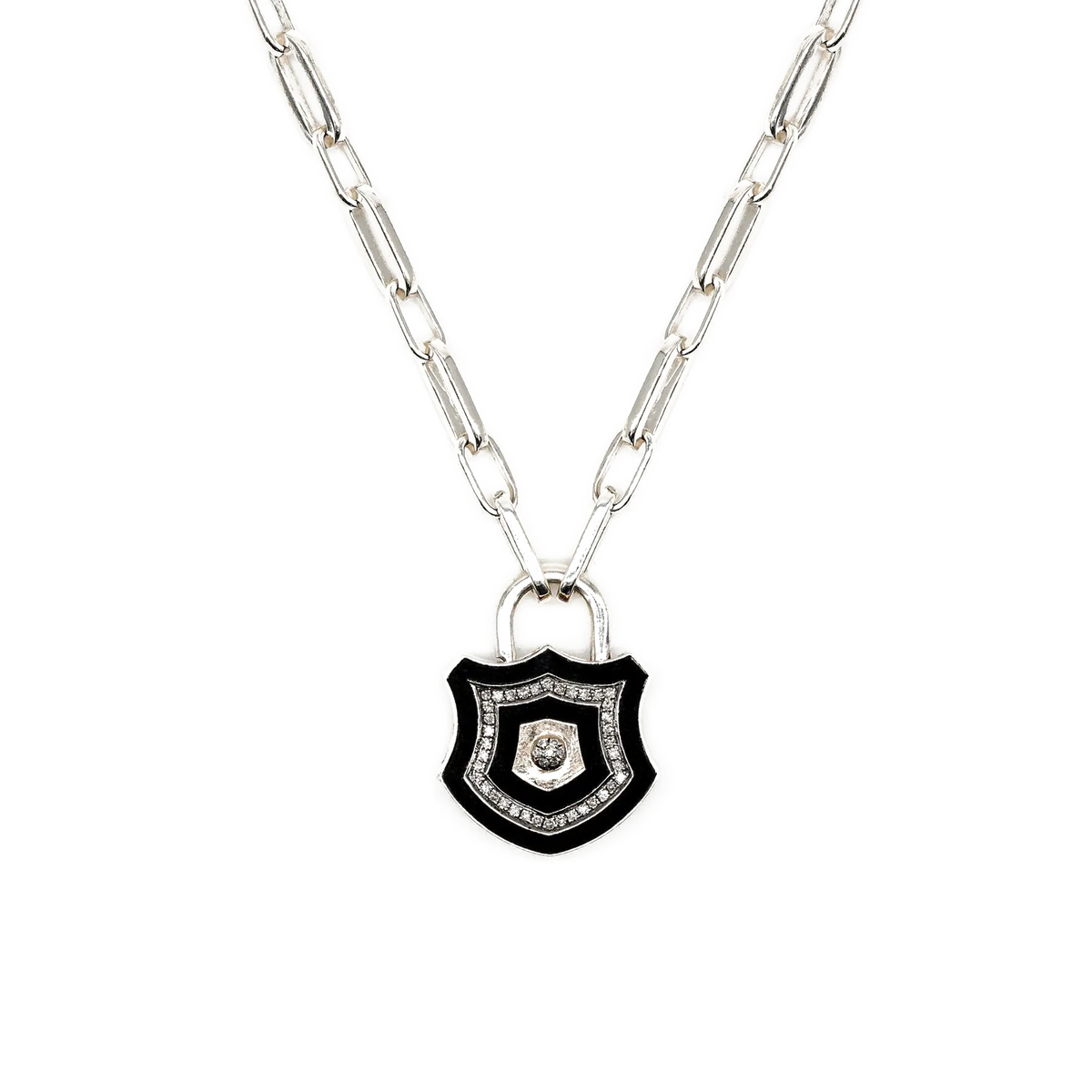 Diamond & Silver Black Enamel Chunky Lock Necklace
