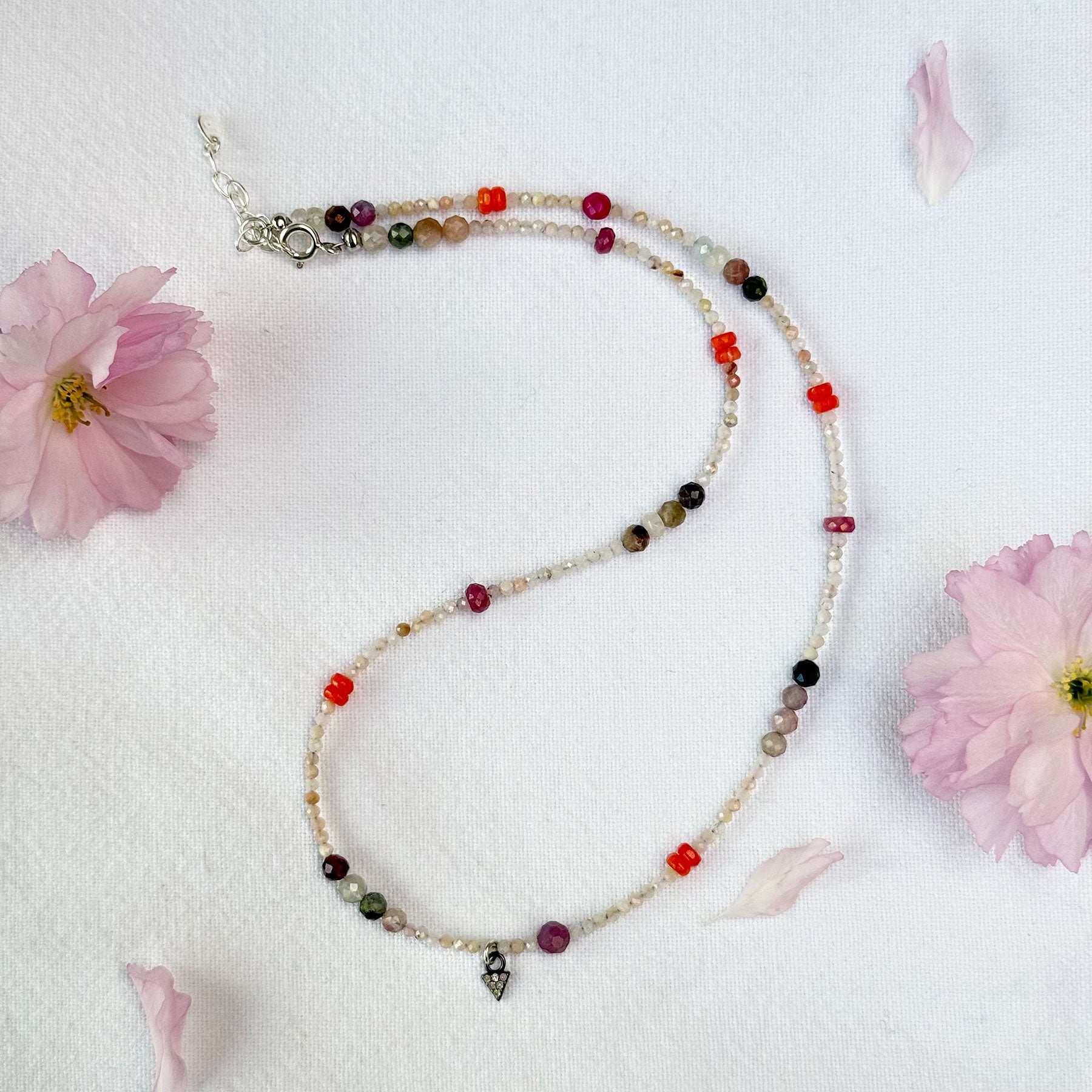 Mixed Precious Stone & Diamond Triangle Beaded Necklace