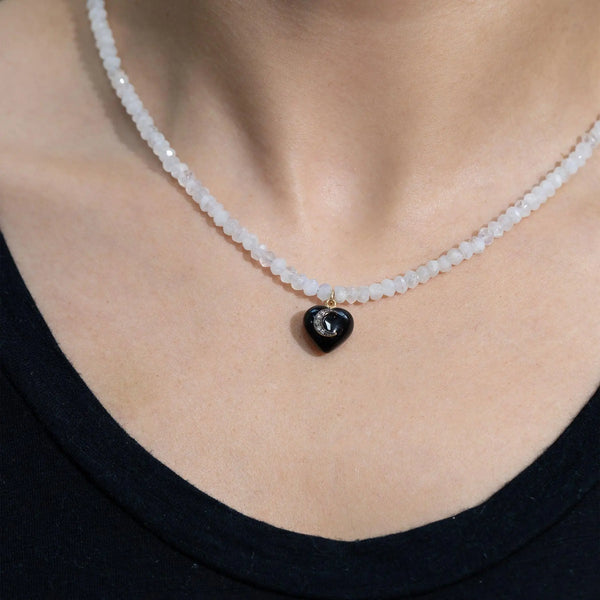 Diamond & Onyx Mini Heart Moonstone Necklace