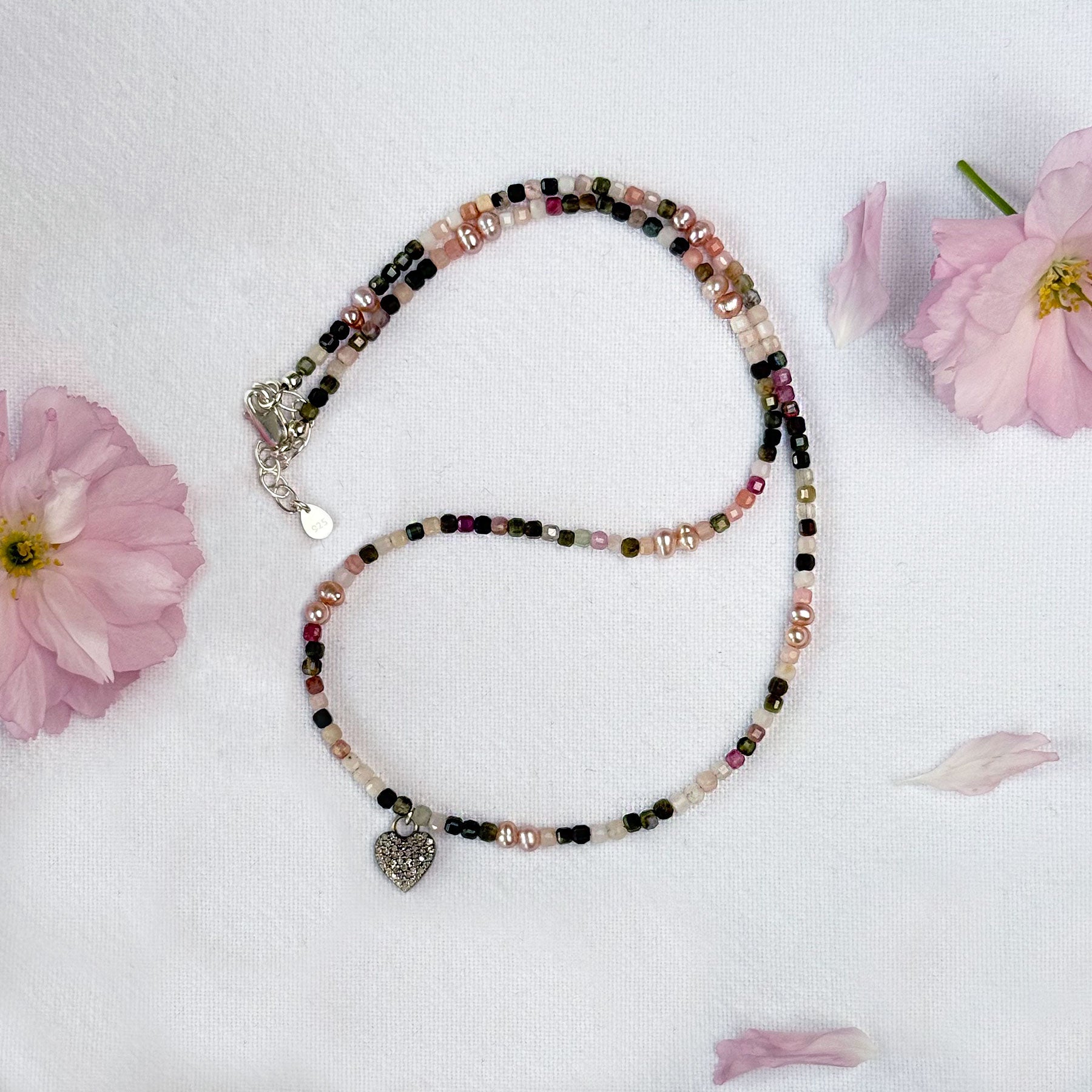 Tourmaline, Pink Pearl & Diamond Heart Beaded Necklace