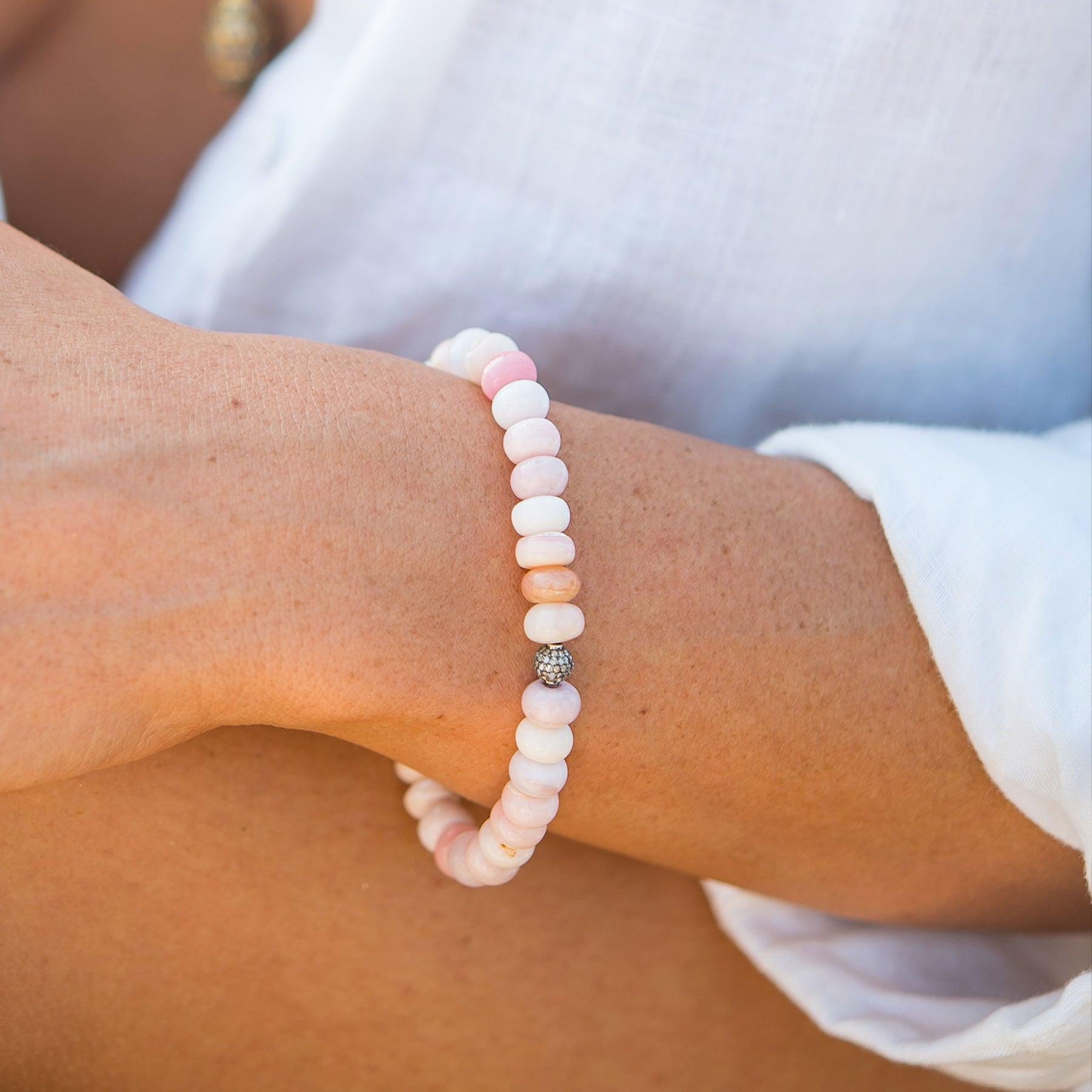 Diamond Ball & Pink Opal Bead Bracelet