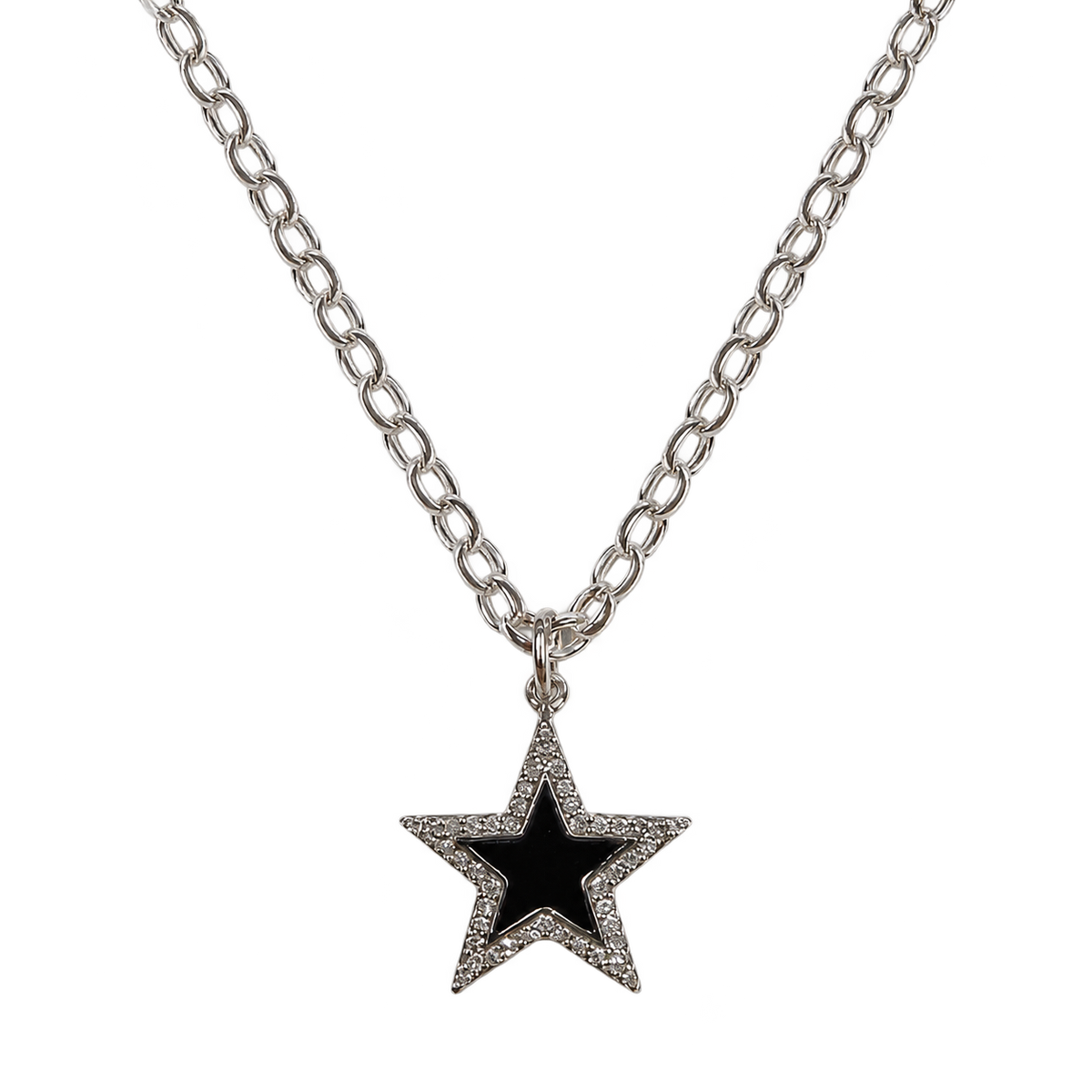 Diamond & Black Enamel Silver Chunky Star Necklace