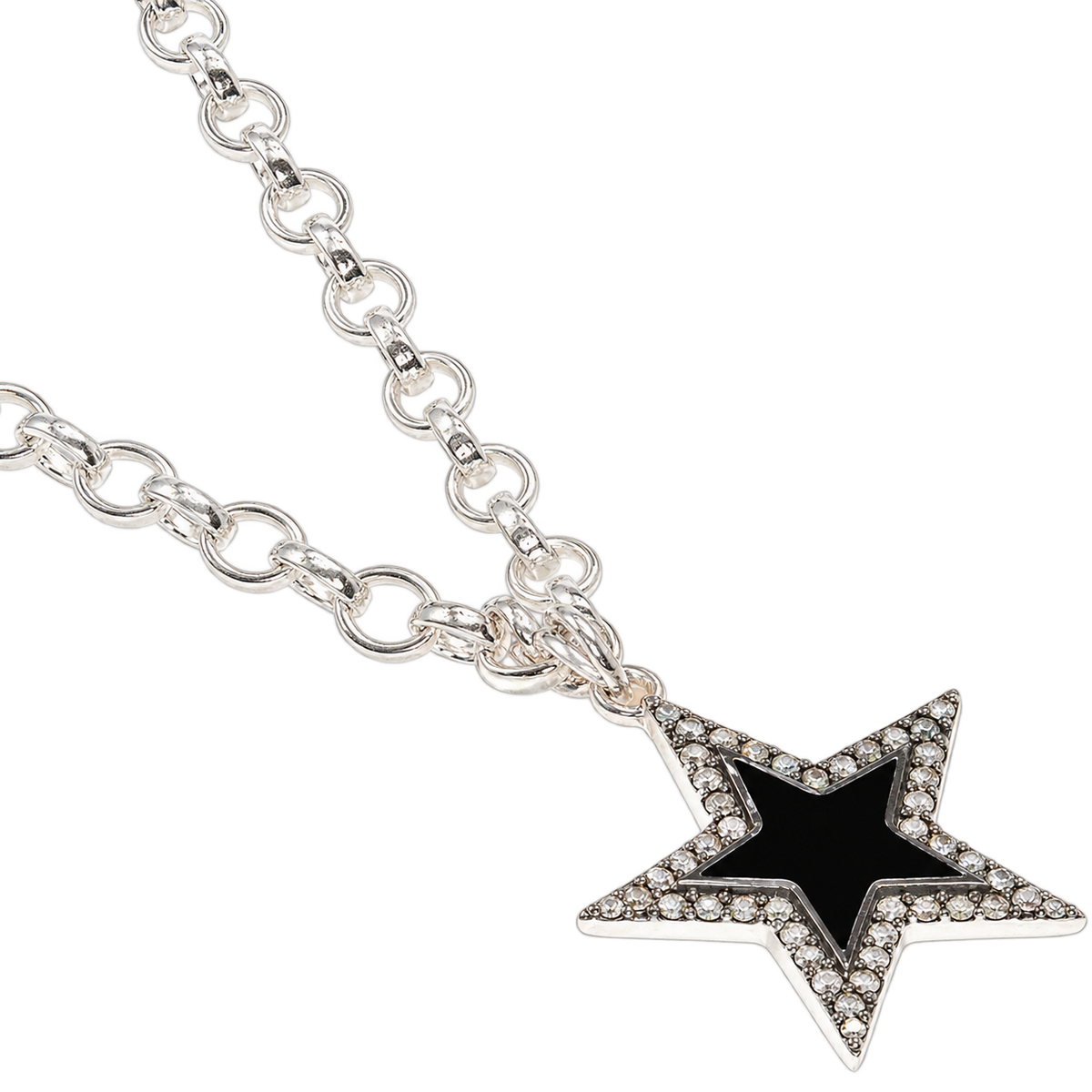 Diamond & Black Enamel Silver Chunky Star Necklace