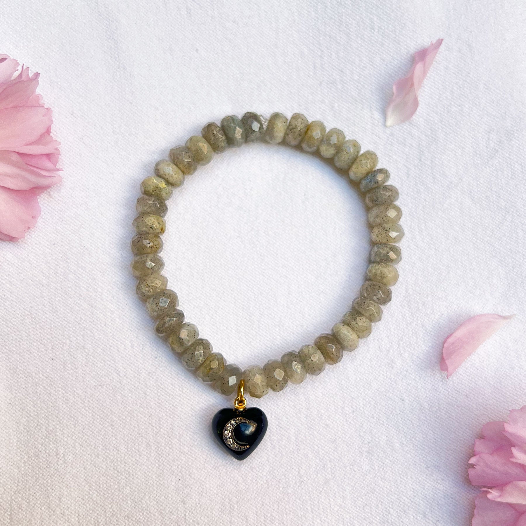 Labradorite & Onyx Heart Beaded Bracelet