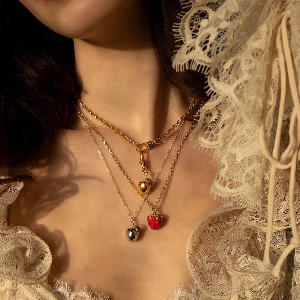Diamond & Red Enamel Strawberry Necklace