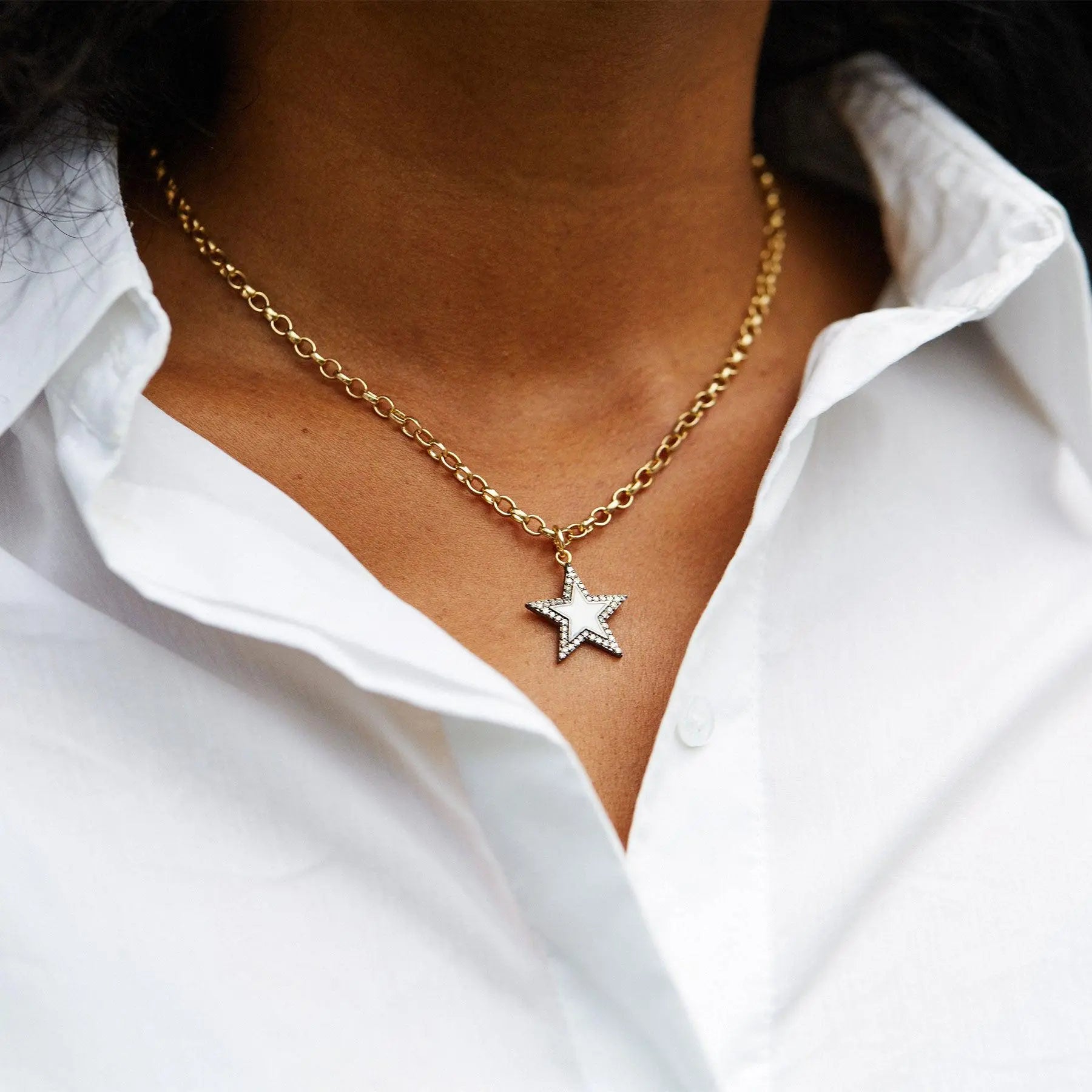 Diamond & White Enamel Chunky Star Necklace