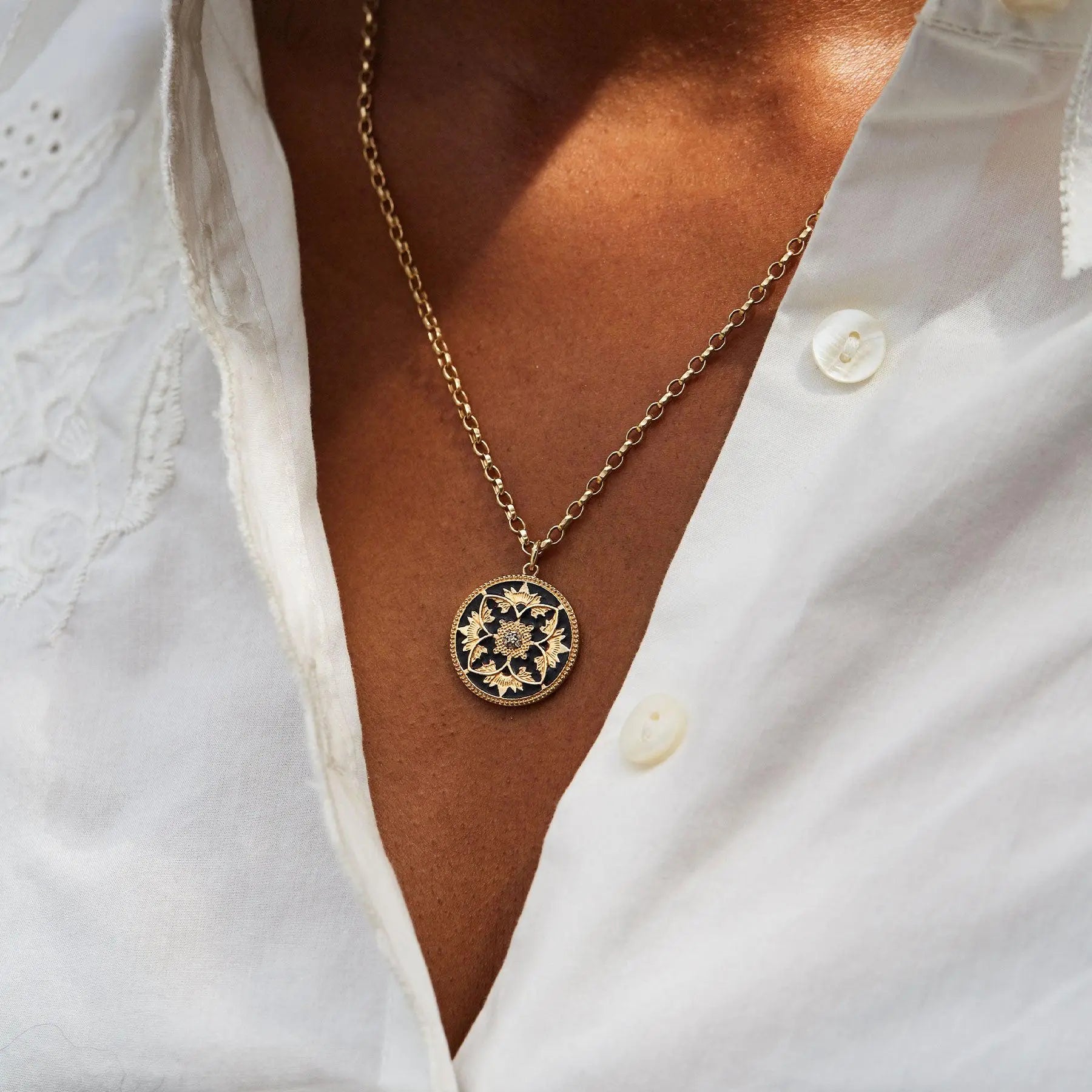Diamond & Black Enamel Flower Coin Necklace