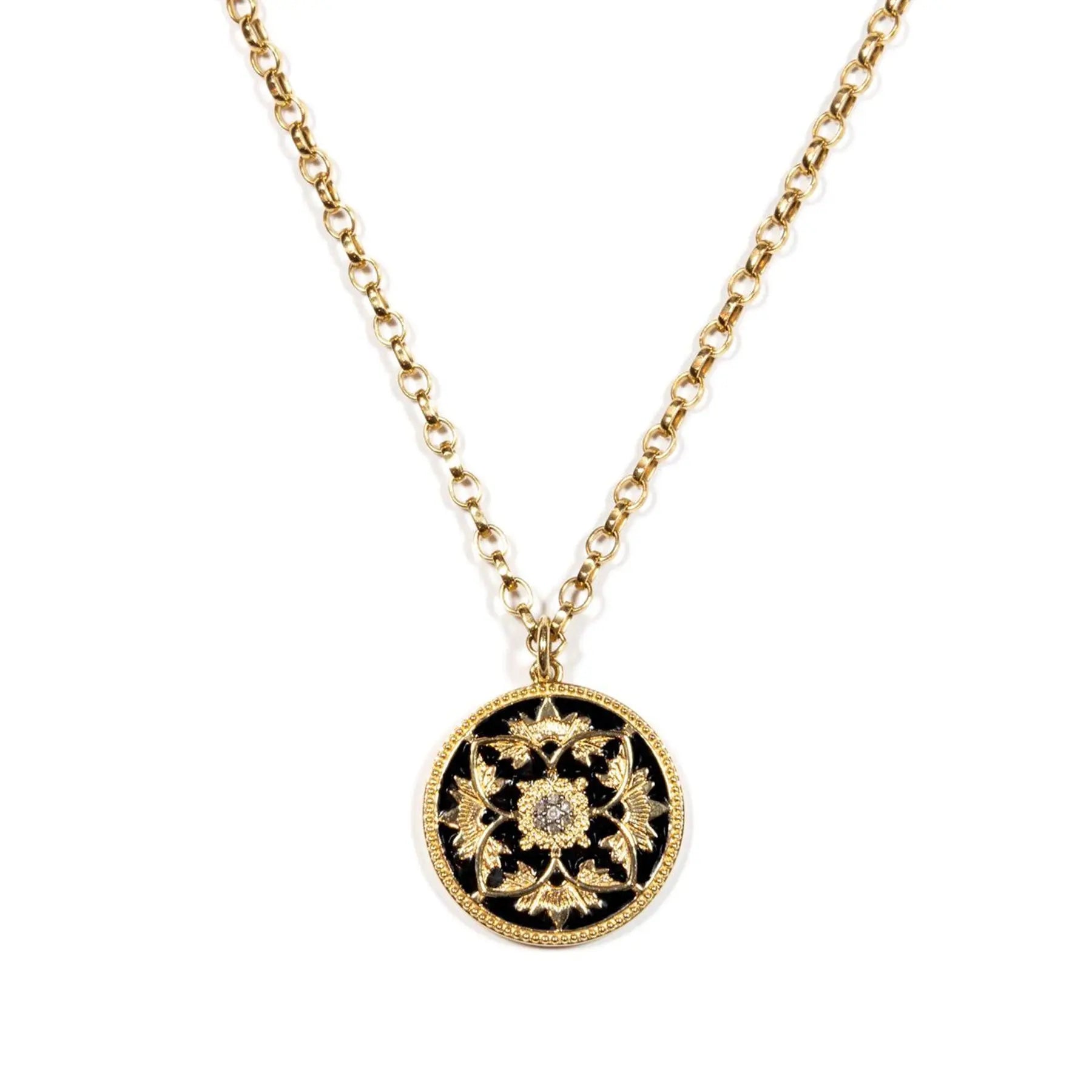 Diamond & Black Enamel Flower Coin Necklace