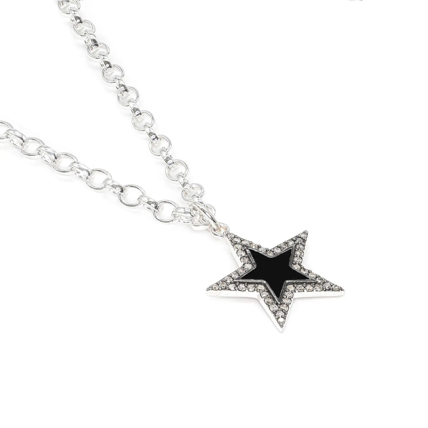 Diamond & Black Enamel Silver Chunky Star Necklace